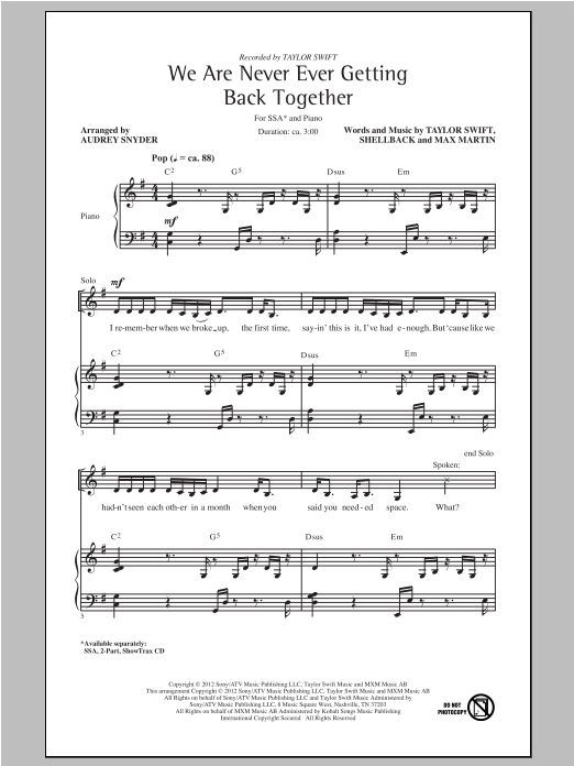 Taylor Swift We Are Never Ever Getting Back Together (arr. Audrey Snyder) Sheet Music Notes & Chords for SSA - Download or Print PDF