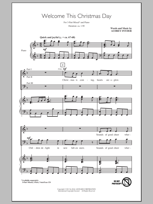 Audrey Snyder Welcome This Christmas Day Sheet Music Notes & Chords for 2-Part Choir - Download or Print PDF