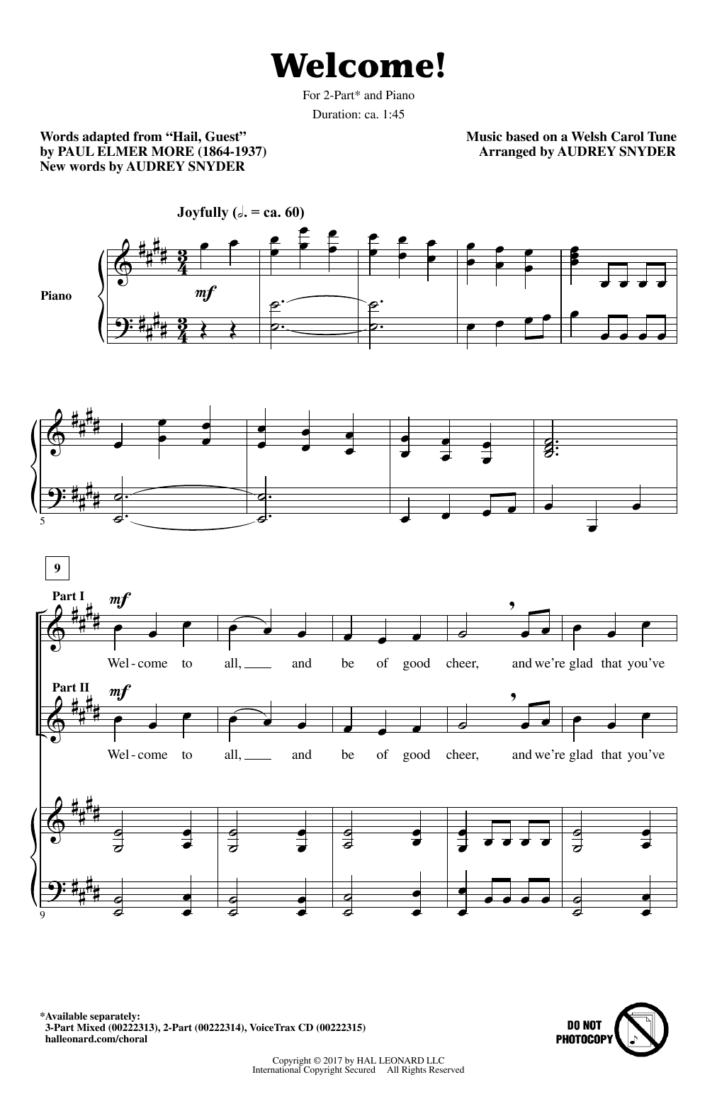 Audrey Snyder Welcome! Sheet Music Notes & Chords for 3-Part Mixed - Download or Print PDF