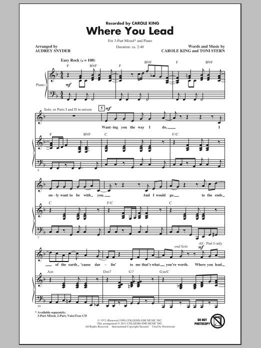 Carole King Where You Lead (arr. Audrey Snyder) Sheet Music Notes & Chords for 2-Part Choir - Download or Print PDF