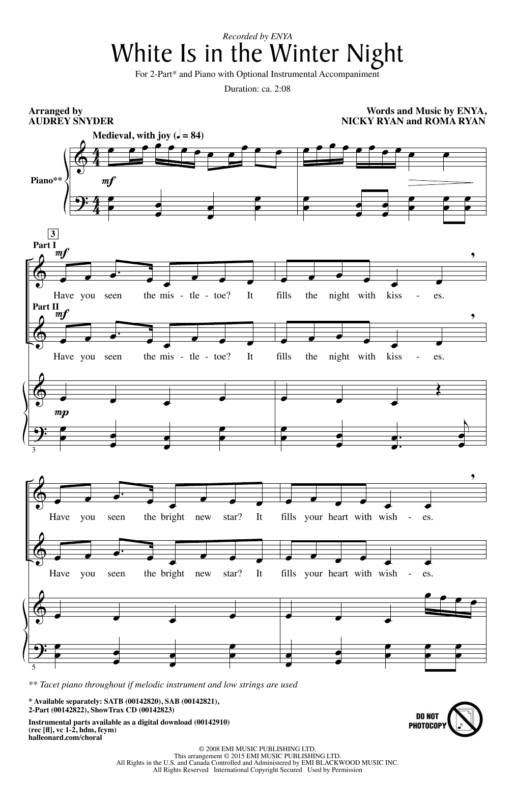 Enya White Is In The Winter Night (arr. Audrey Snyder) Sheet Music Notes & Chords for SATB - Download or Print PDF