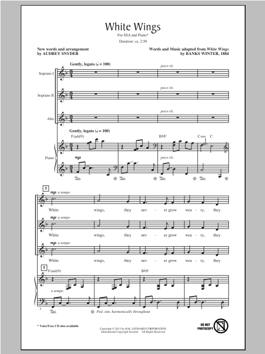 Banks Winter White Wings (arr. Audrey Snyder) Sheet Music Notes & Chords for SSA - Download or Print PDF