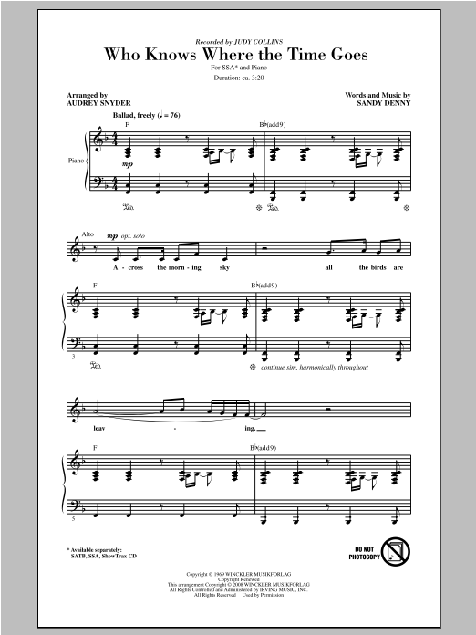 Judy Collins Who Knows Where The Time Goes (arr. Audrey Snyder) Sheet Music Notes & Chords for SSA - Download or Print PDF
