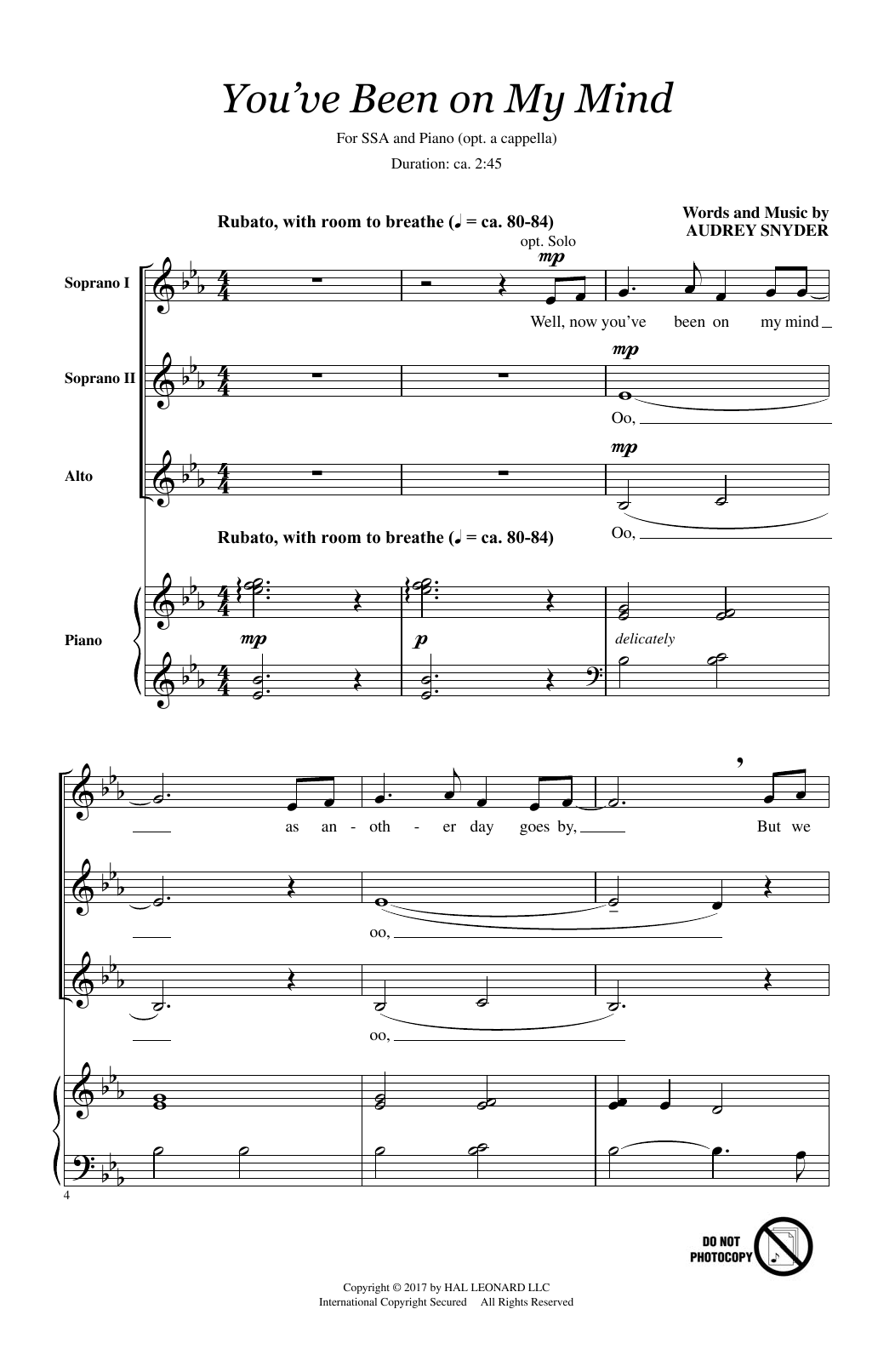 Audrey Snyder You've Been On My Mind Sheet Music Notes & Chords for SSA - Download or Print PDF