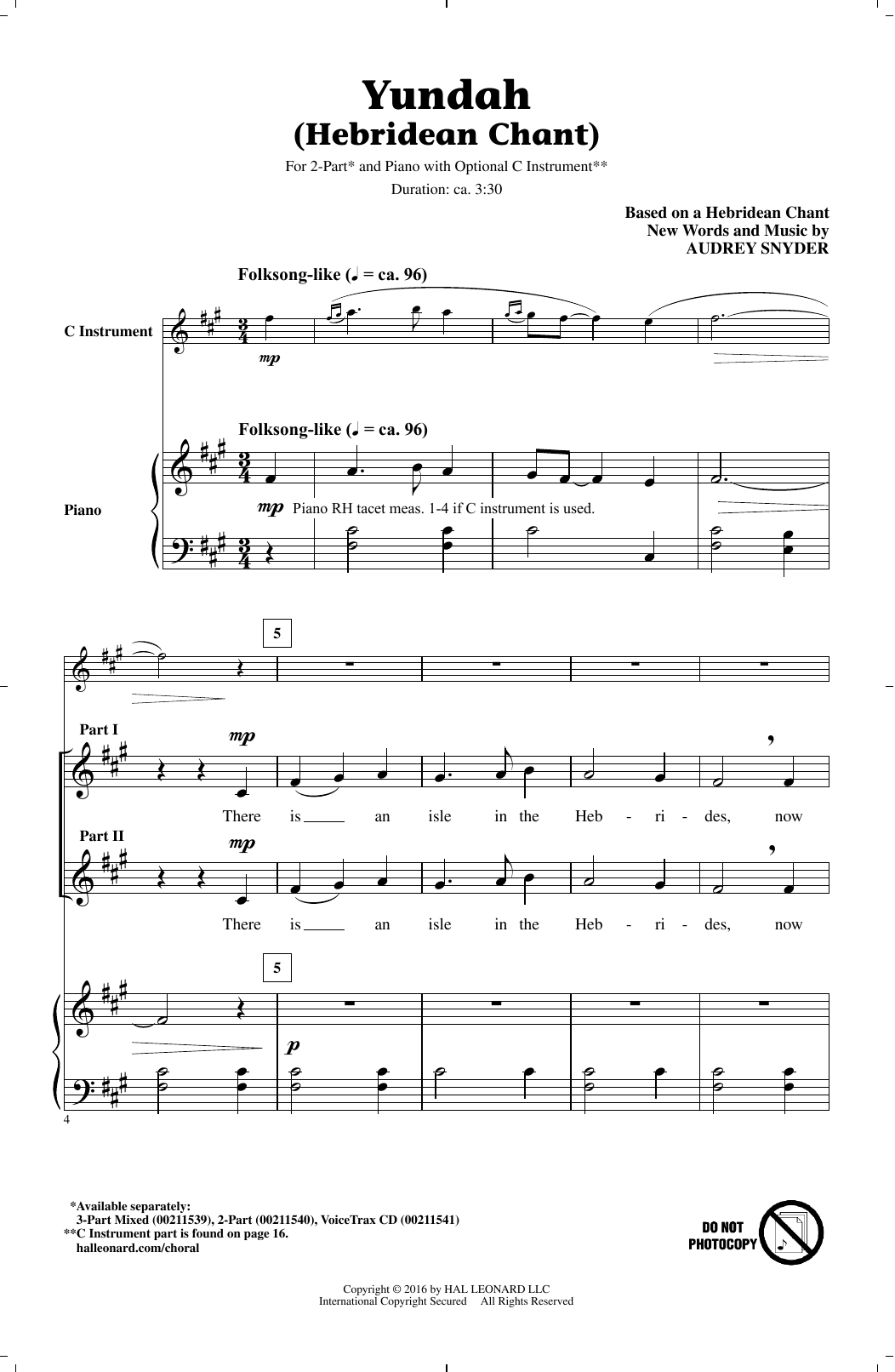 Audrey Snyder Yundah (Hebridean Chant) Sheet Music Notes & Chords for 2-Part Choir - Download or Print PDF