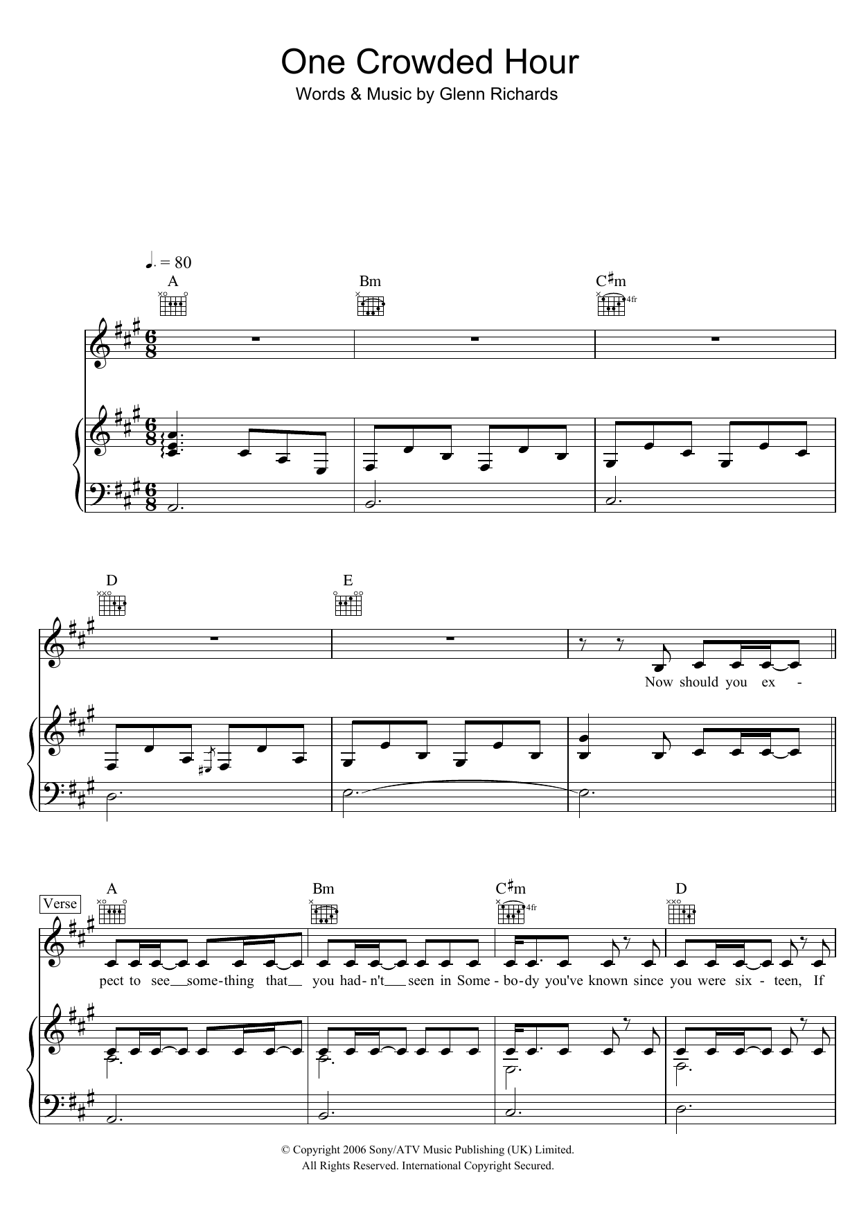 Augie March One Crowded Hour Sheet Music Notes & Chords for Piano, Vocal & Guitar (Right-Hand Melody) - Download or Print PDF