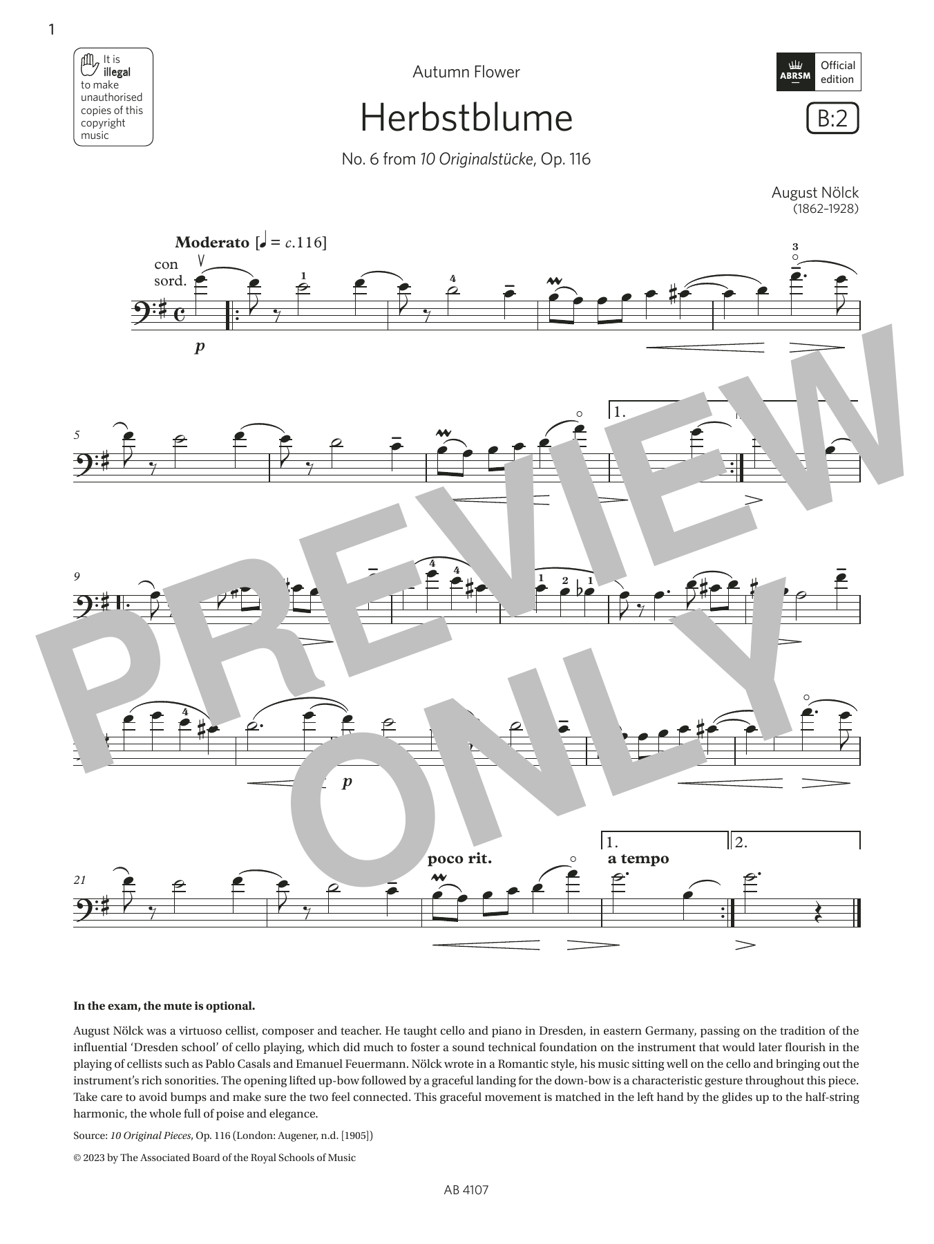 August Nölck Herbstblume (Grade 4, B2, from the ABRSM Cello Syllabus from 2024) Sheet Music Notes & Chords for Cello Solo - Download or Print PDF