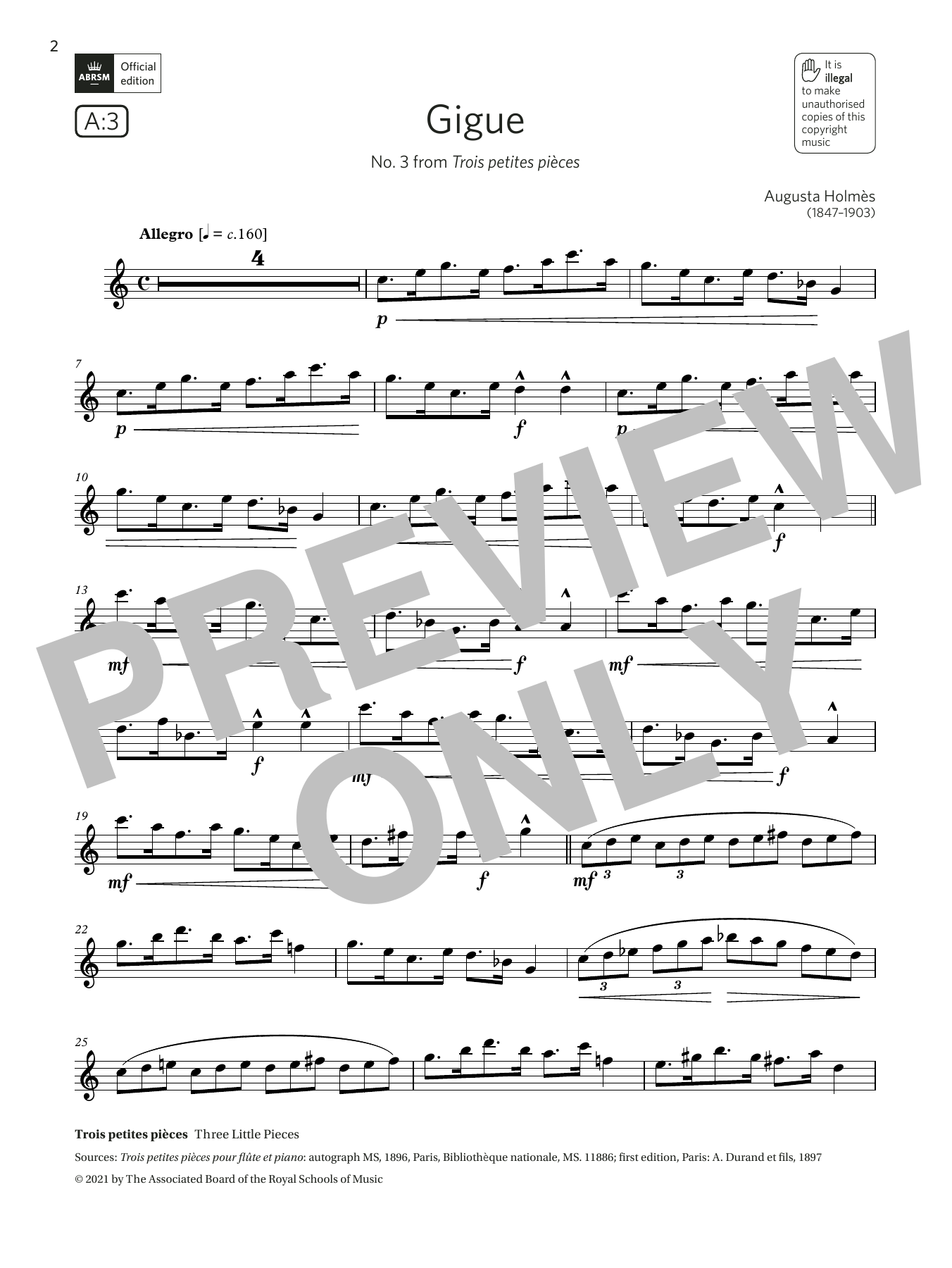 Augusta Holmès Gigue (No. 3 from Trois petites pièces) (Grade 5 List A3 from the ABRSM Flute syllabus from 2022) Sheet Music Notes & Chords for Flute Solo - Download or Print PDF