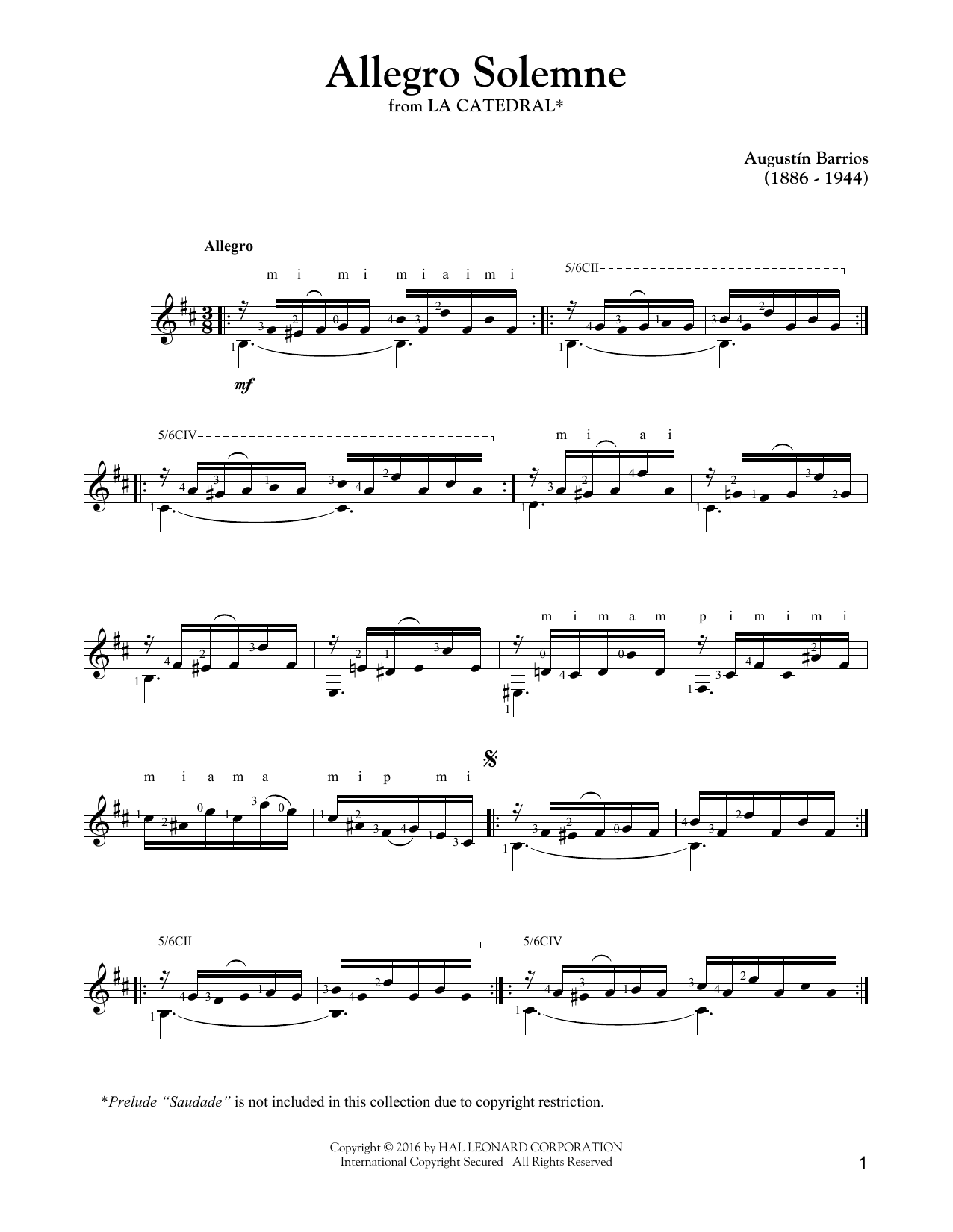 Augustin Barrios Mangore Allegro Solemne Sheet Music Notes & Chords for Guitar Tab - Download or Print PDF
