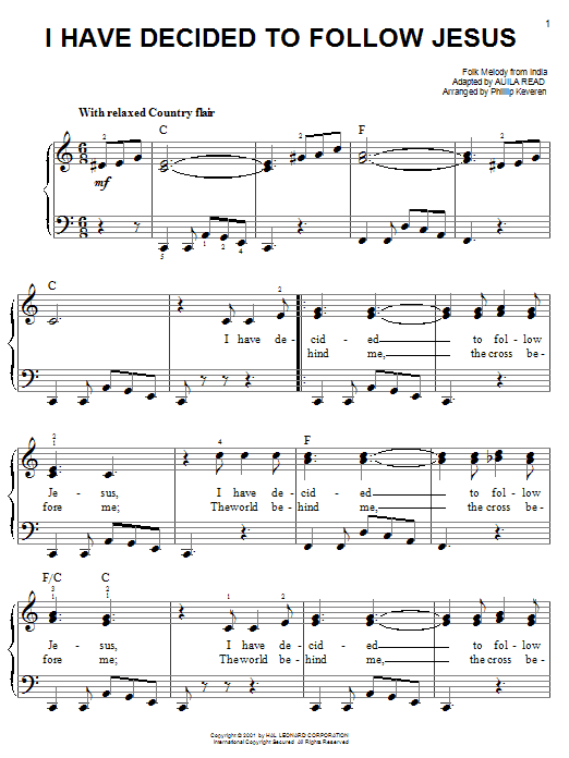 Preview Auila Read I Have Decided To Follow Jesus Folk sheet music, notes and chords for Lyrics & Chords, SKU: 82353 I Have Decided To Follow Jesus sheet music