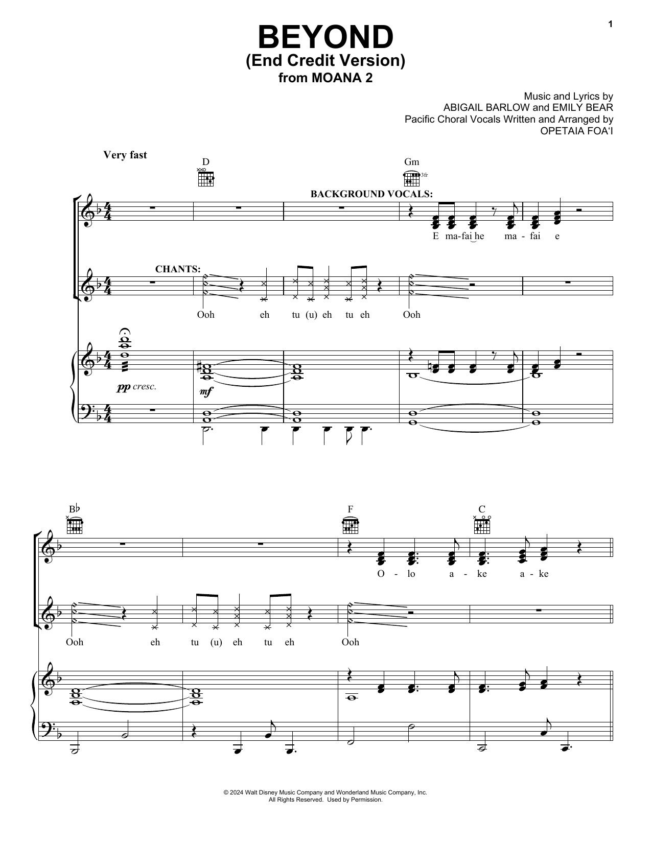 Auli'i Cravalho Beyond (End Credit Version) Sheet Music Notes & Chords for Piano, Vocal & Guitar Chords (Right-Hand Melody) - Download or Print PDF