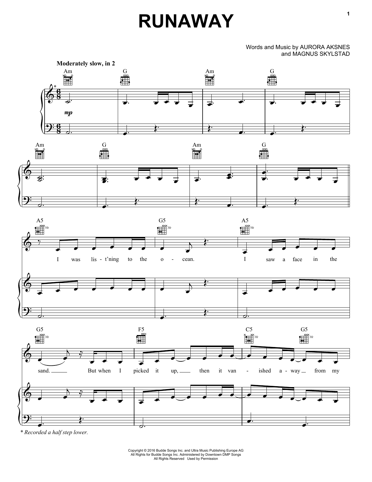 AURORA Runaway Sheet Music Notes & Chords for Piano, Vocal & Guitar (Right-Hand Melody) - Download or Print PDF