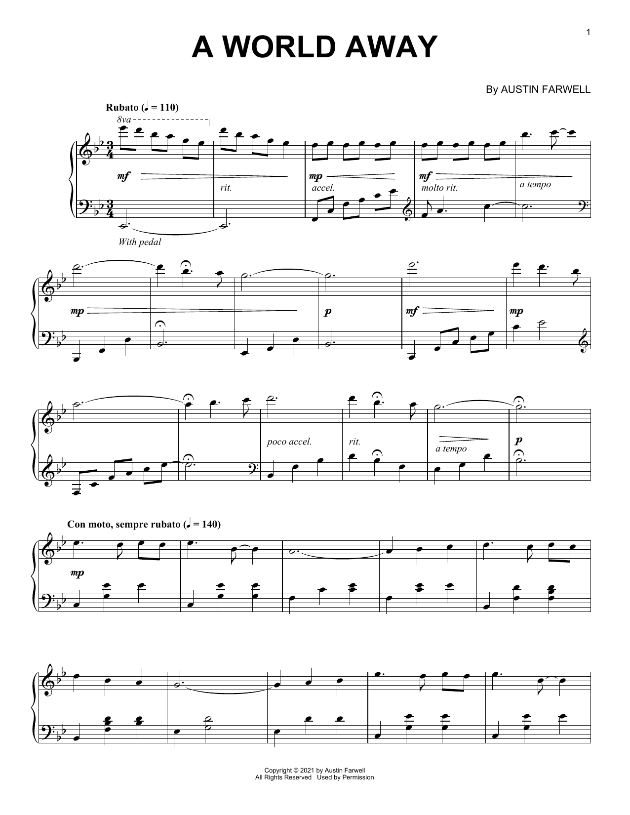 Austin Farwell A World Away Sheet Music Notes & Chords for Piano Solo - Download or Print PDF