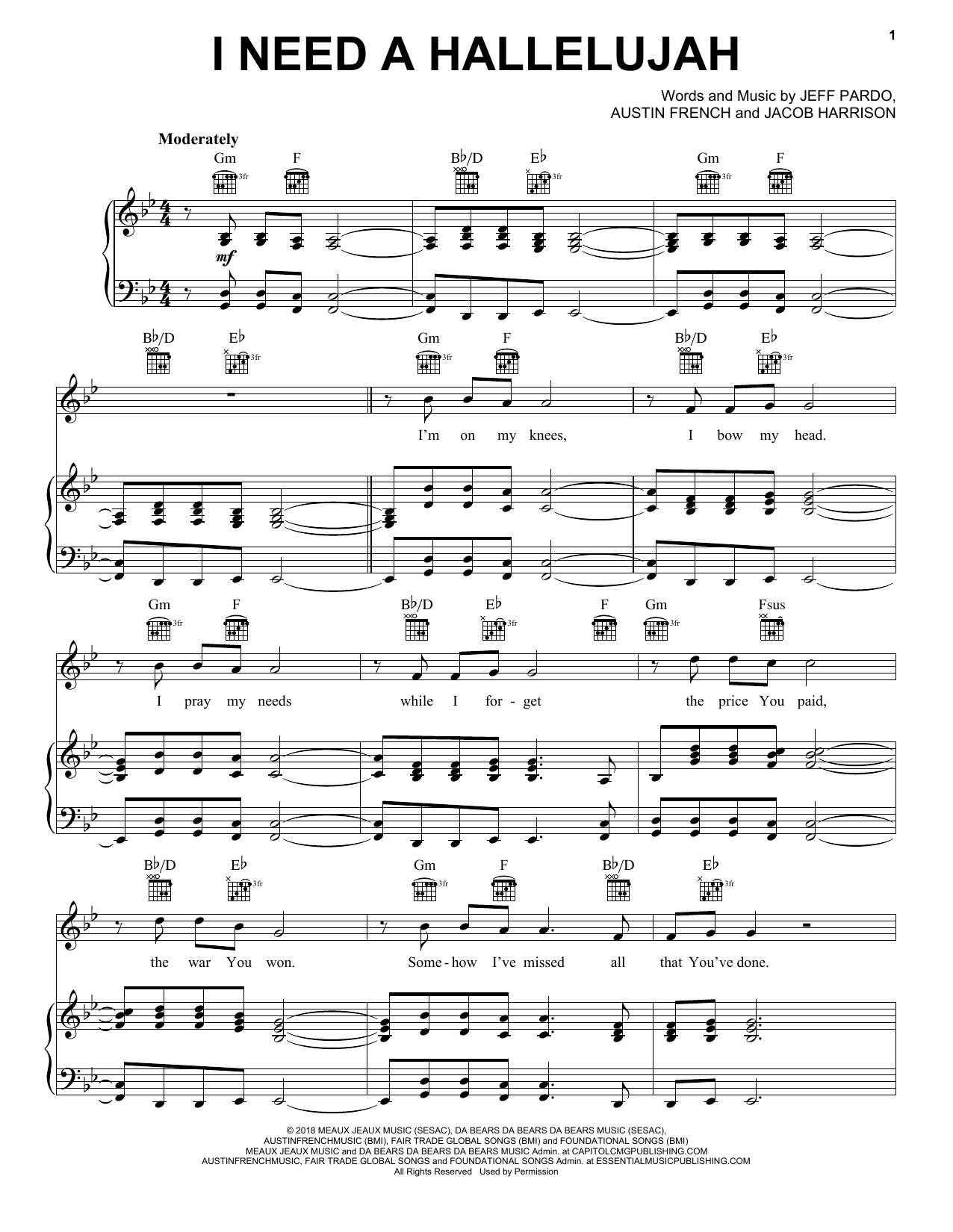 Austin French I Need A Hallelujah Sheet Music Notes & Chords for Piano, Vocal & Guitar (Right-Hand Melody) - Download or Print PDF