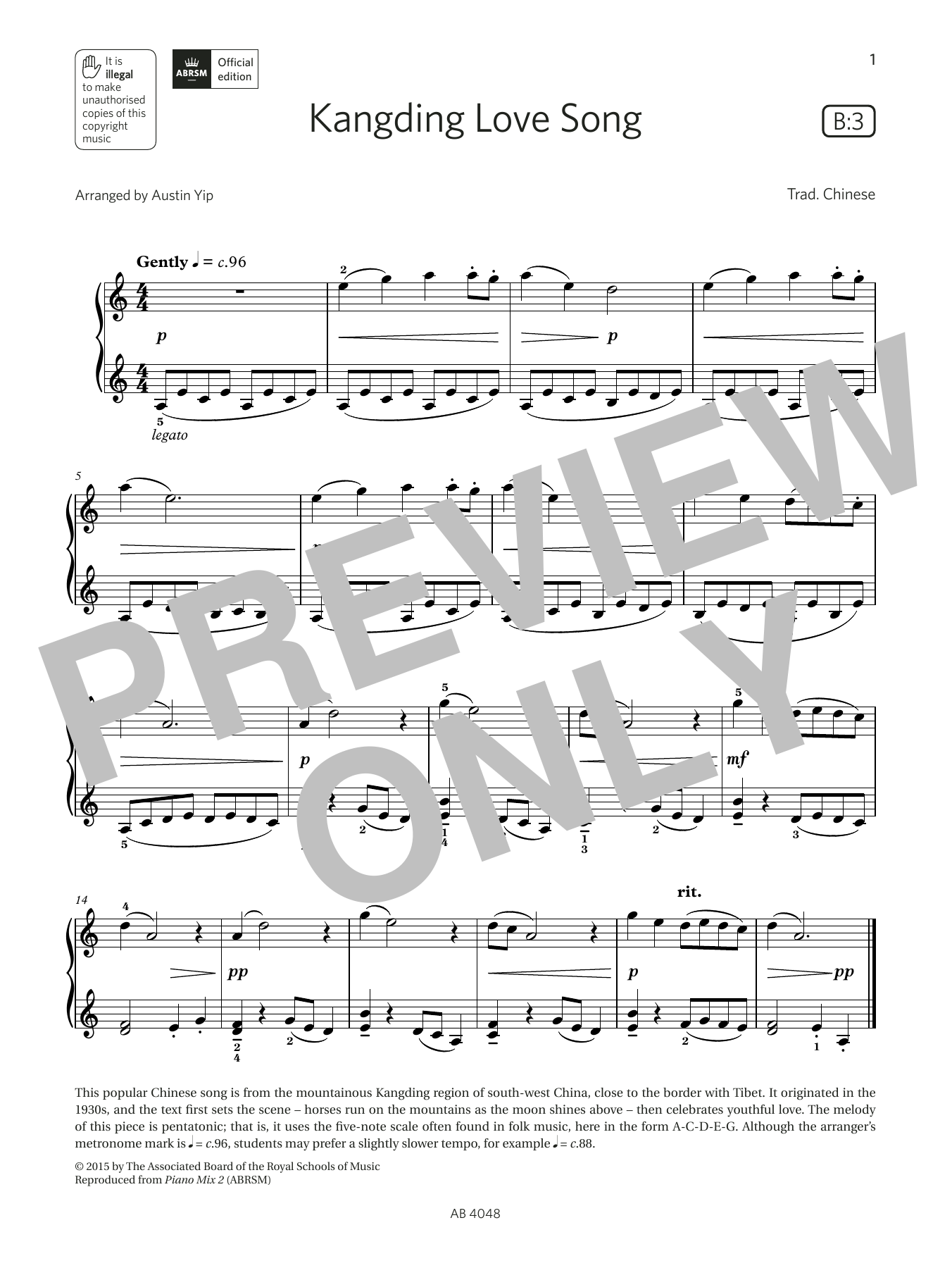 Austin Yip Kangding Love Song (Grade 2, list B3, from the ABRSM Piano Syllabus 2023 & 2024) Sheet Music Notes & Chords for Piano Solo - Download or Print PDF