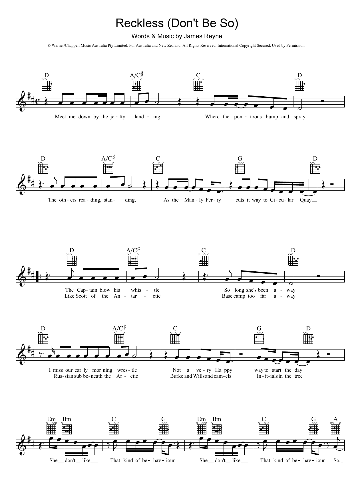 Australian Crawl Reckless (Don't Be So) Sheet Music Notes & Chords for Melody Line, Lyrics & Chords - Download or Print PDF