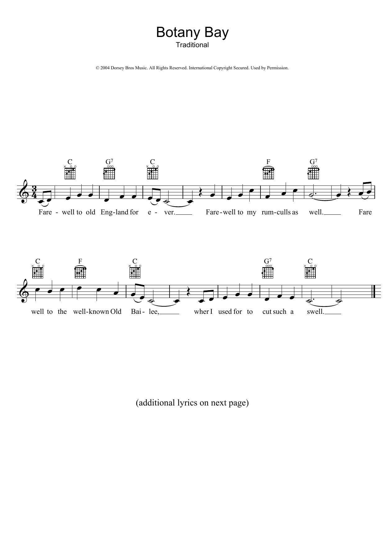 Australian Folksong Botany Bay Sheet Music Notes & Chords for Melody Line, Lyrics & Chords - Download or Print PDF