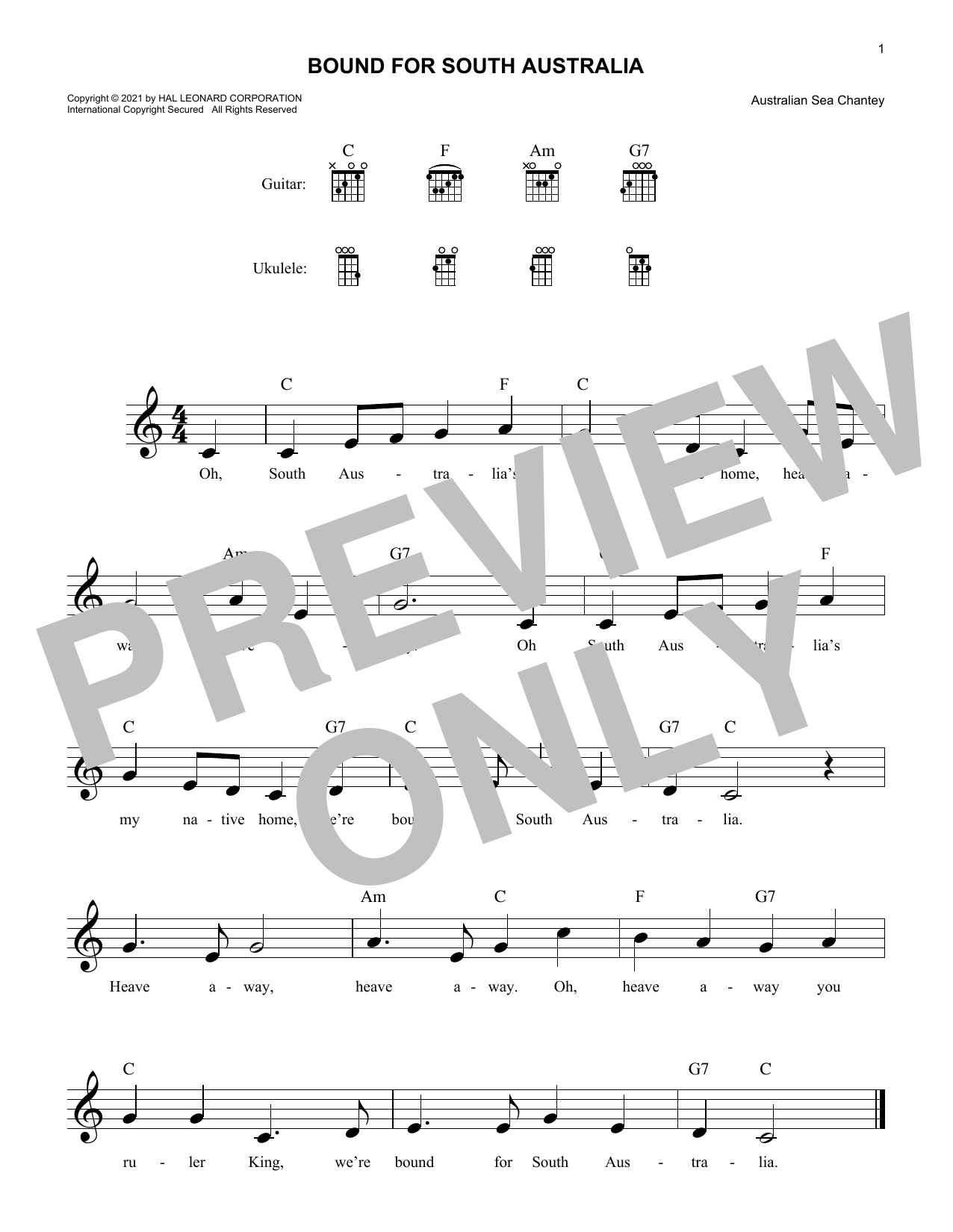Australian Sea Chanty Bound For South Australia Sheet Music Notes & Chords for Lead Sheet / Fake Book - Download or Print PDF
