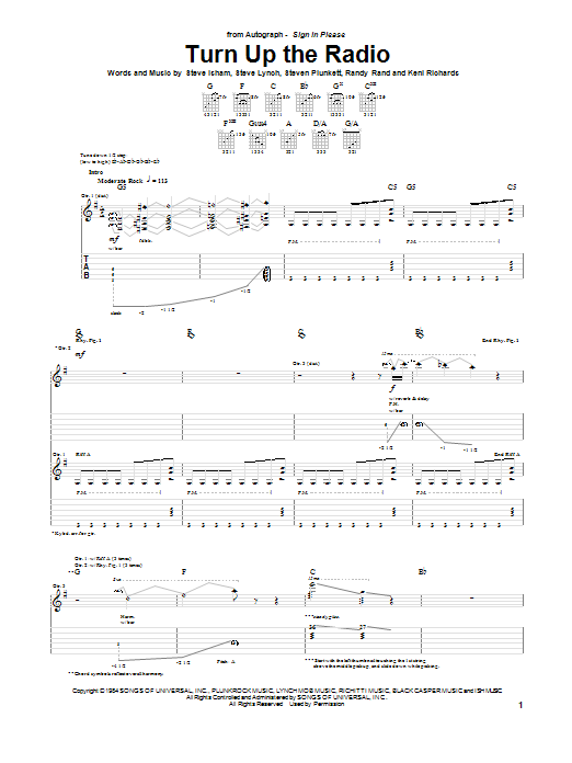 Autograph Turn Up The Radio Sheet Music Notes & Chords for Piano, Vocal & Guitar (Right-Hand Melody) - Download or Print PDF