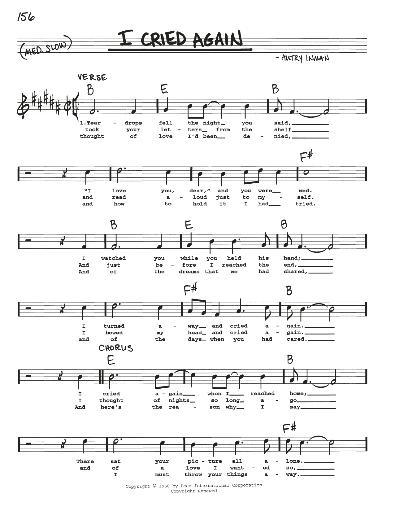 Autry Inman I Cried Again Sheet Music Notes & Chords for Real Book – Melody, Lyrics & Chords - Download or Print PDF