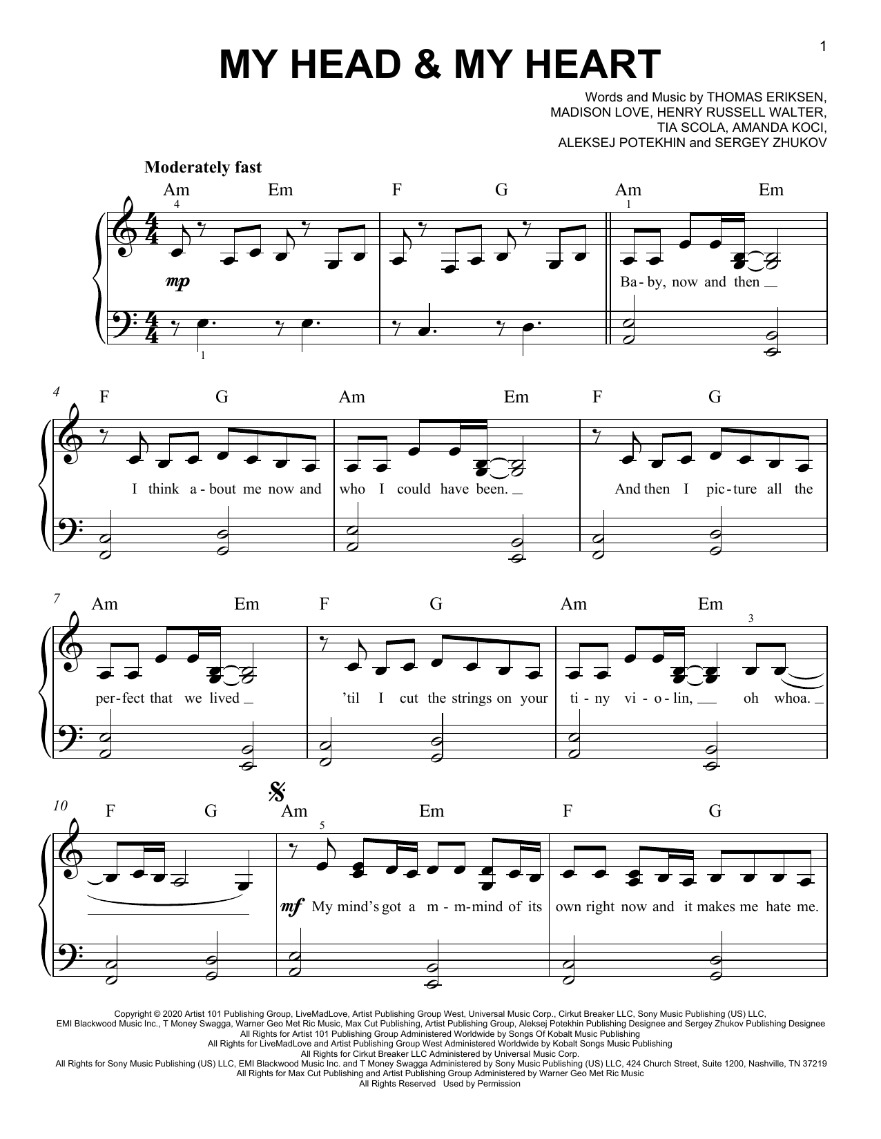 Ava Max My Head & My Heart Sheet Music Notes & Chords for Easy Piano - Download or Print PDF