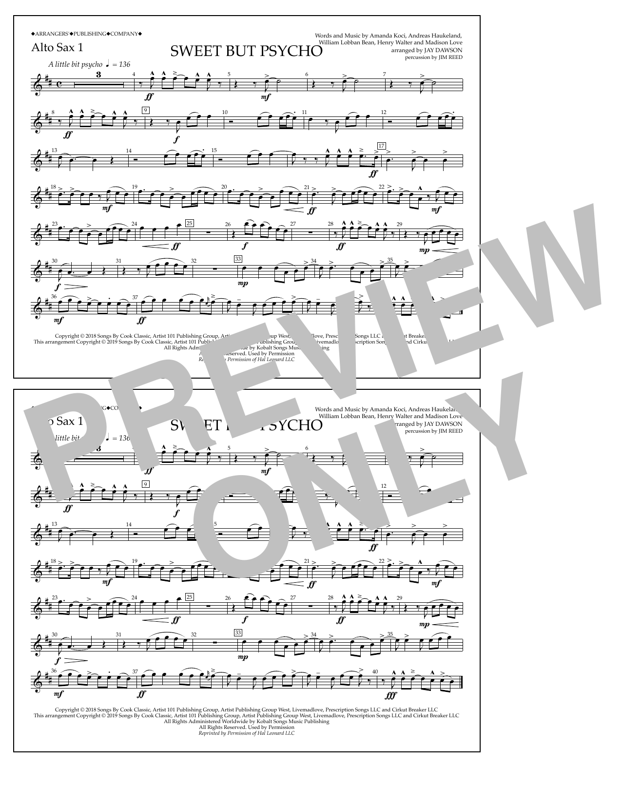 Ava Max Sweet But Psycho (arr. Jay Dawson) - Alto Sax 1 Sheet Music Notes & Chords for Marching Band - Download or Print PDF