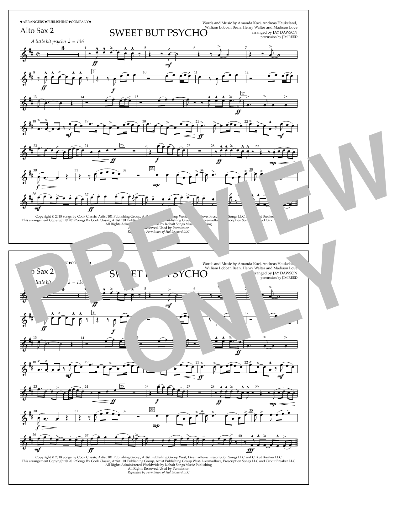 Ava Max Sweet But Psycho (arr. Jay Dawson) - Alto Sax 2 Sheet Music Notes & Chords for Marching Band - Download or Print PDF