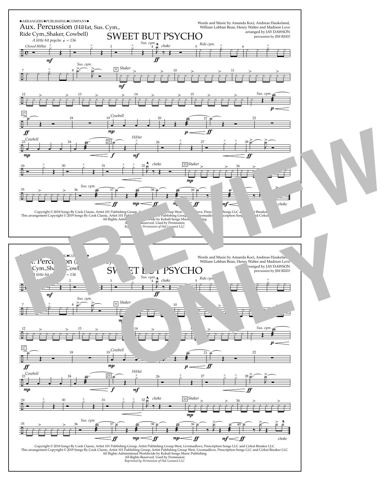 Ava Max Sweet But Psycho (arr. Jay Dawson) - Aux. Percussion Sheet Music Notes & Chords for Marching Band - Download or Print PDF