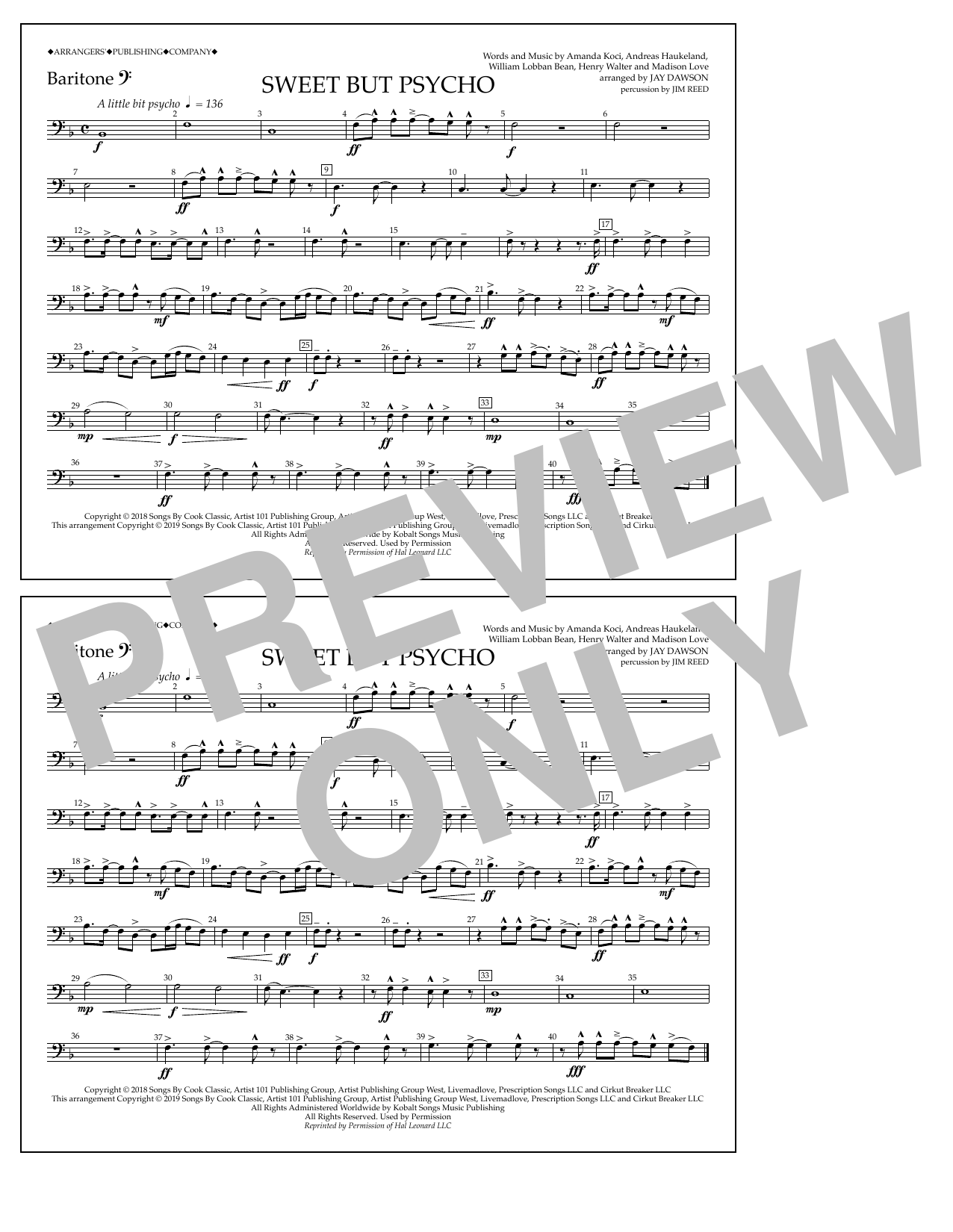 Ava Max Sweet But Psycho (arr. Jay Dawson) - Baritone B.C. Sheet Music Notes & Chords for Marching Band - Download or Print PDF