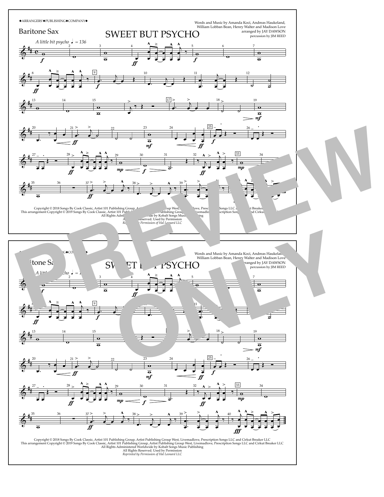 Ava Max Sweet But Psycho (arr. Jay Dawson) - Baritone Sax Sheet Music Notes & Chords for Marching Band - Download or Print PDF