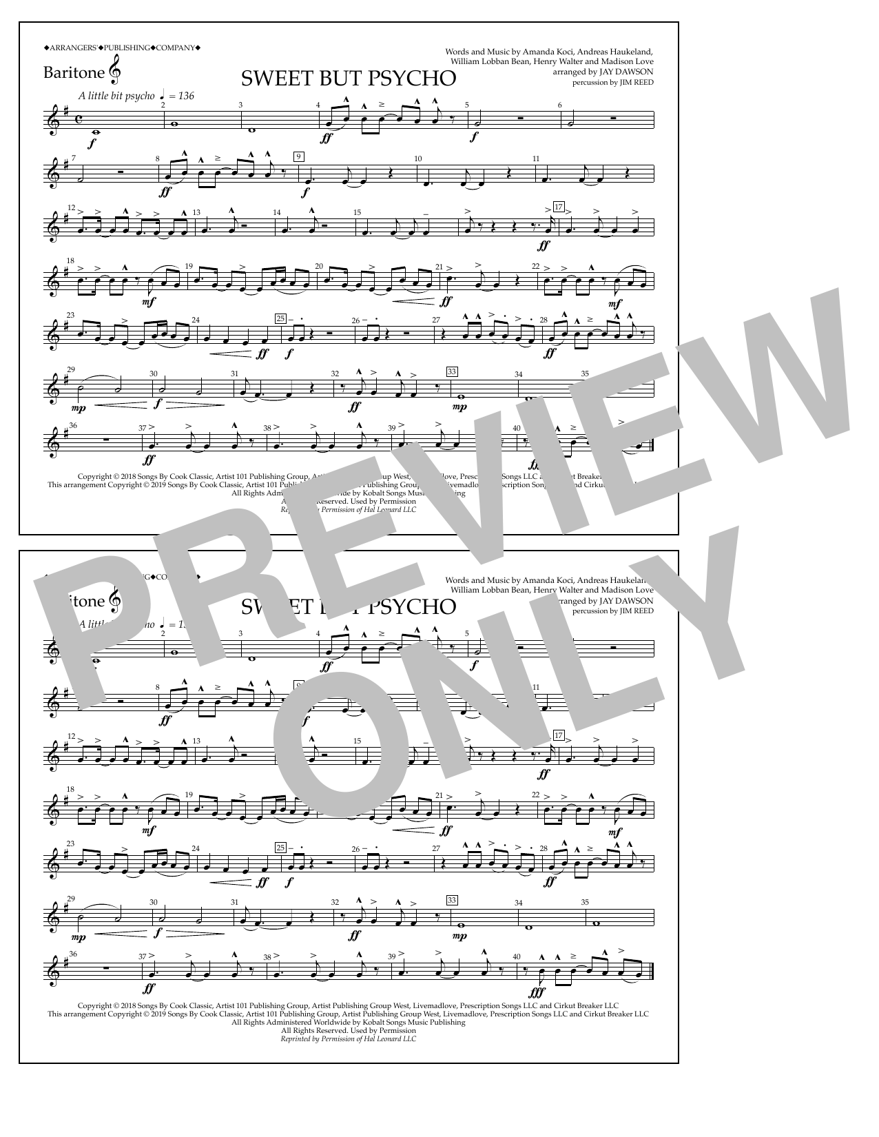 Ava Max Sweet But Psycho (arr. Jay Dawson) - Baritone T.C. Sheet Music Notes & Chords for Marching Band - Download or Print PDF