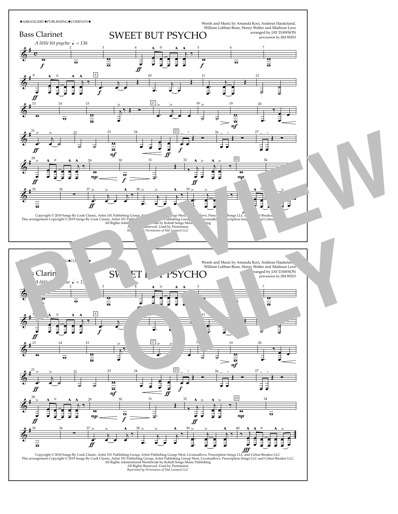 Ava Max Sweet But Psycho (arr. Jay Dawson) - Bass Clarinet Sheet Music Notes & Chords for Marching Band - Download or Print PDF