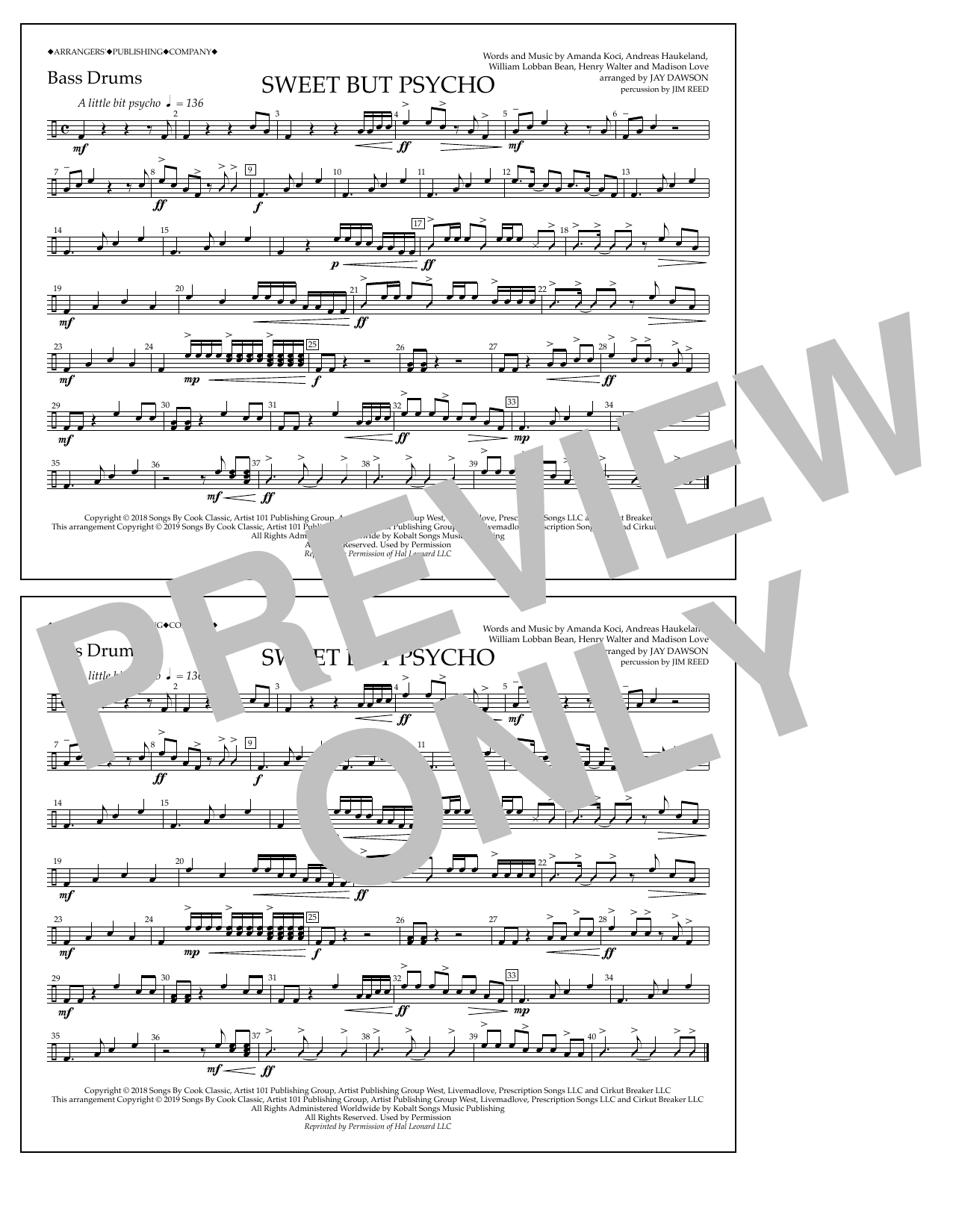 Ava Max Sweet But Psycho (arr. Jay Dawson) - Bass Drums Sheet Music Notes & Chords for Marching Band - Download or Print PDF