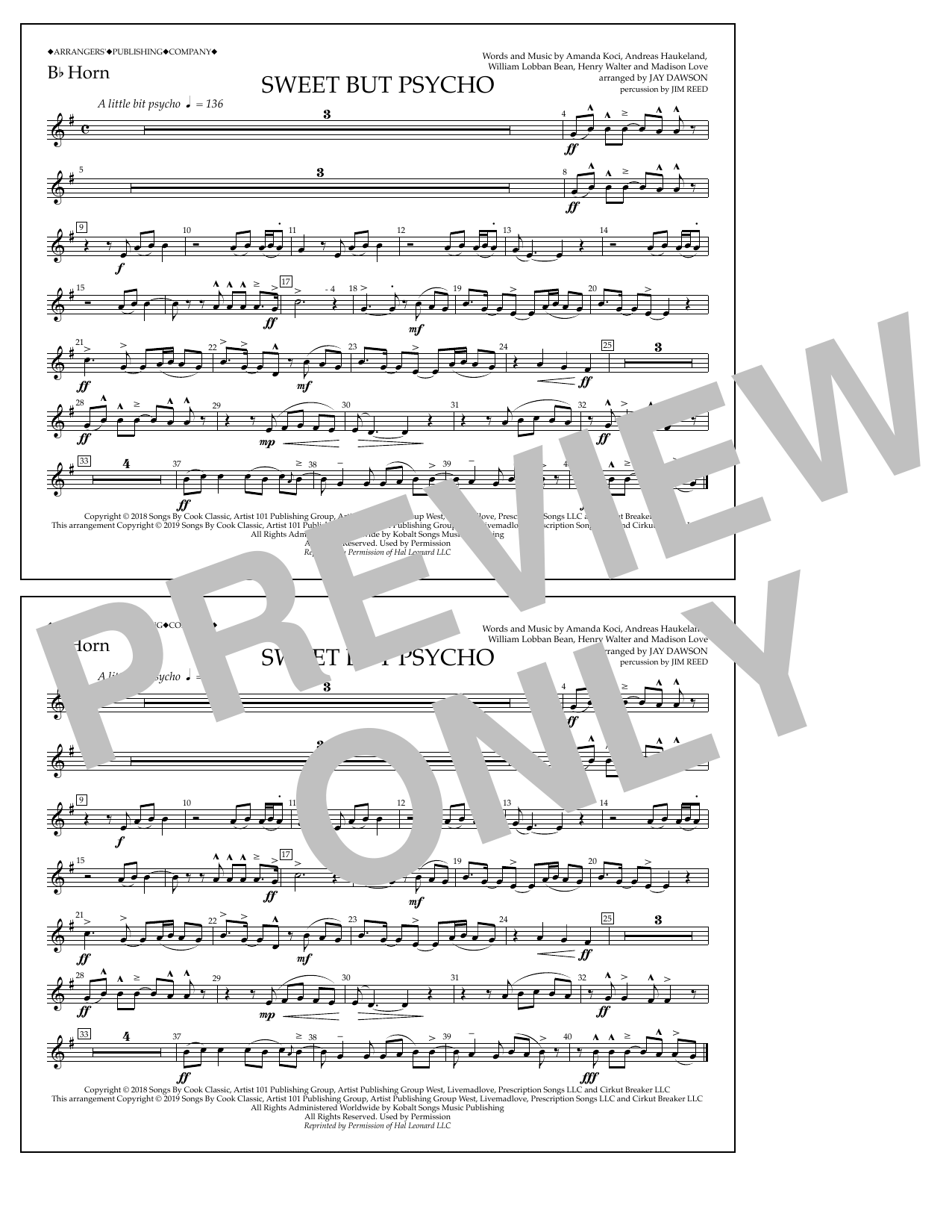 Ava Max Sweet But Psycho (arr. Jay Dawson) - Bb Horn Sheet Music Notes & Chords for Marching Band - Download or Print PDF