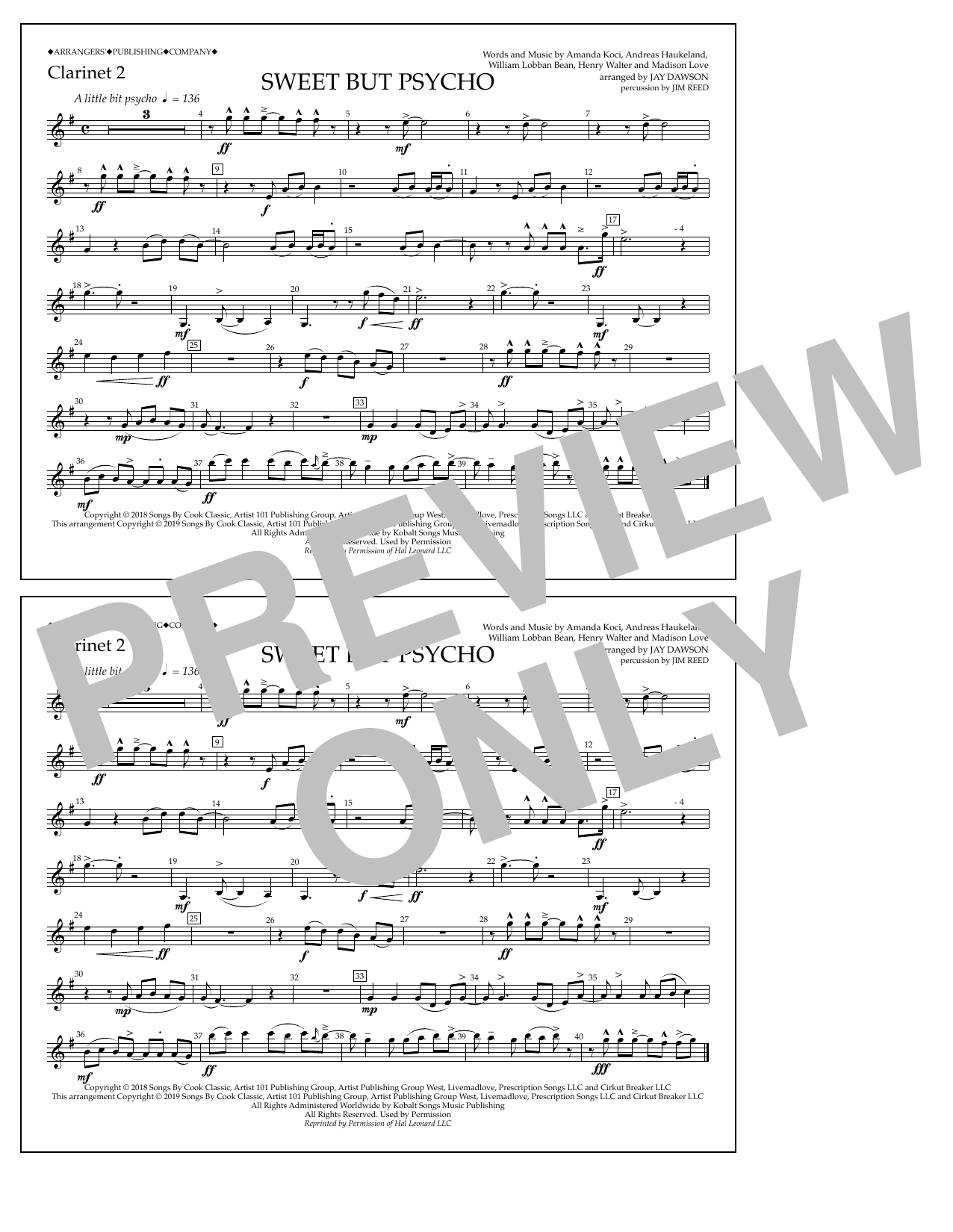 Ava Max Sweet But Psycho (arr. Jay Dawson) - Clarinet 2 Sheet Music Notes & Chords for Marching Band - Download or Print PDF