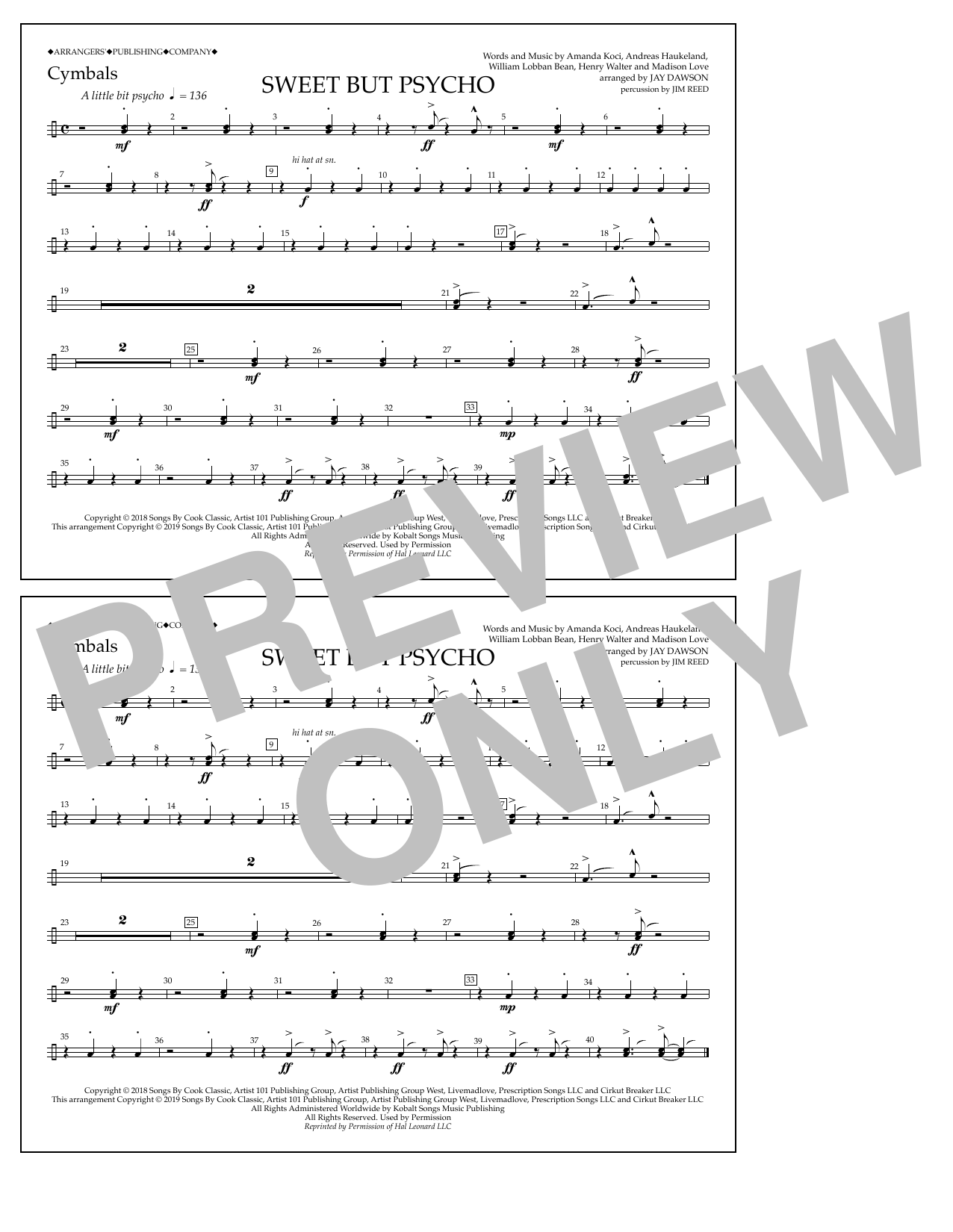 Ava Max Sweet But Psycho (arr. Jay Dawson) - Cymbals Sheet Music Notes & Chords for Marching Band - Download or Print PDF