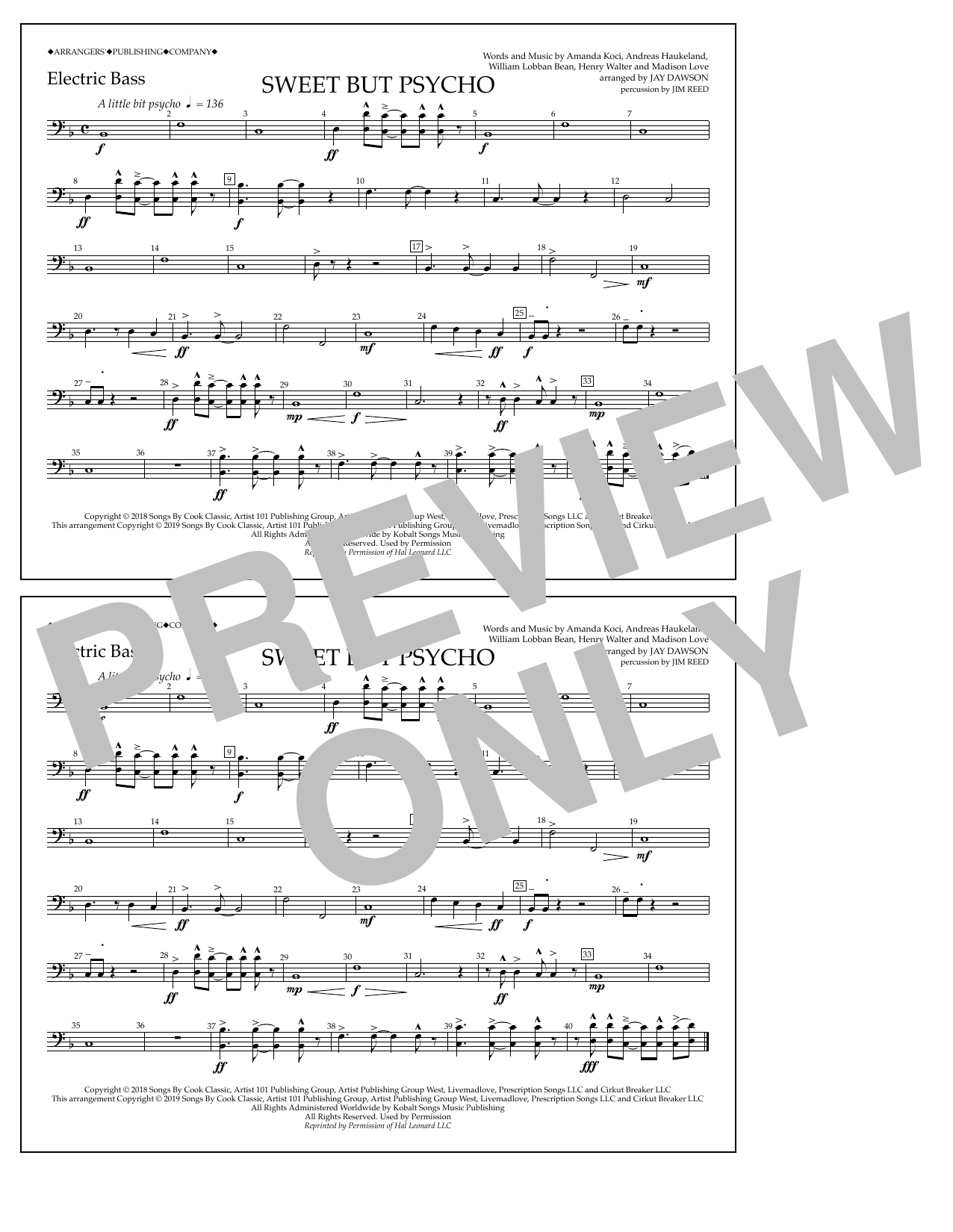 Ava Max Sweet But Psycho (arr. Jay Dawson) - Electric Bass Sheet Music Notes & Chords for Marching Band - Download or Print PDF