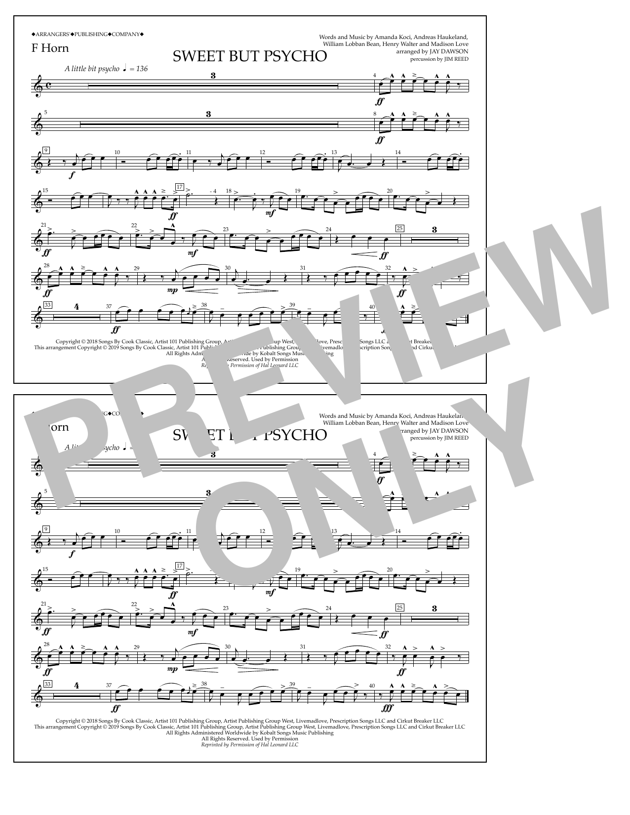 Ava Max Sweet But Psycho (arr. Jay Dawson) - F Horn Sheet Music Notes & Chords for Marching Band - Download or Print PDF