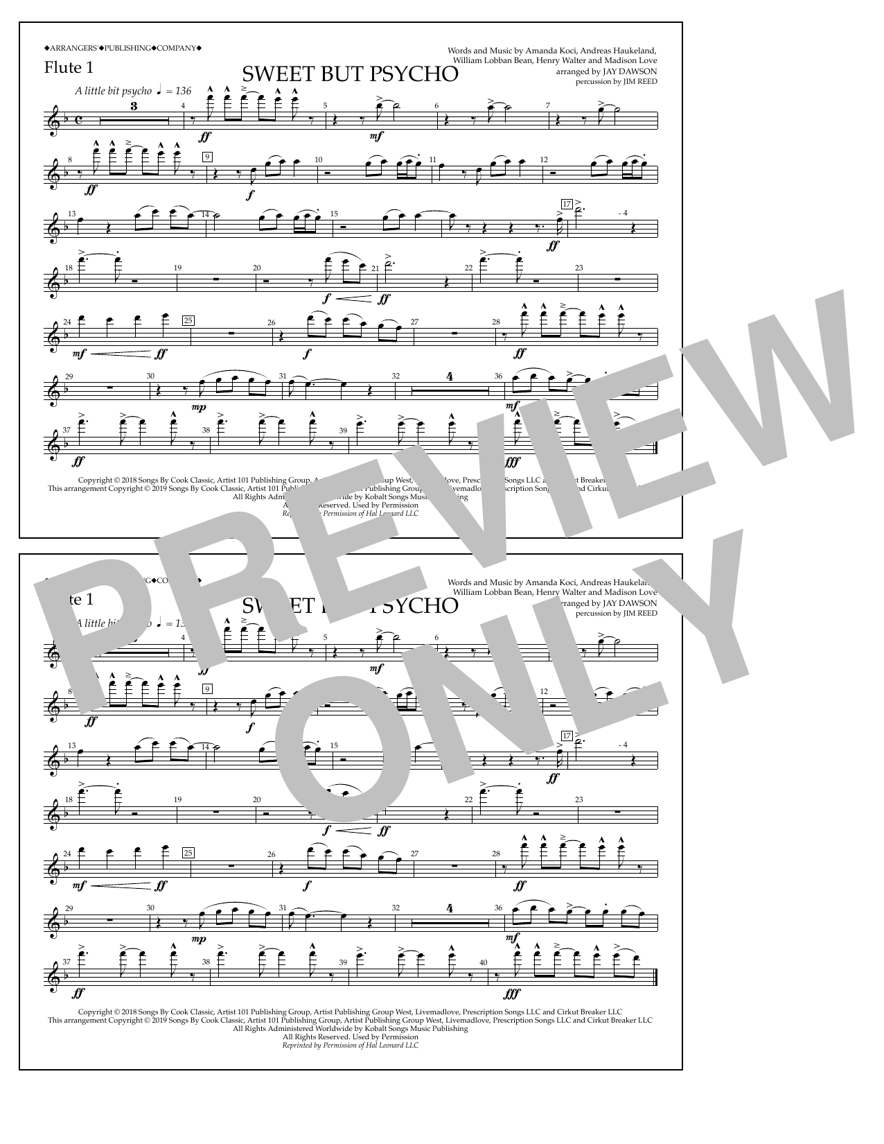 Ava Max Sweet But Psycho (arr. Jay Dawson) - Flute 1 Sheet Music Notes & Chords for Marching Band - Download or Print PDF