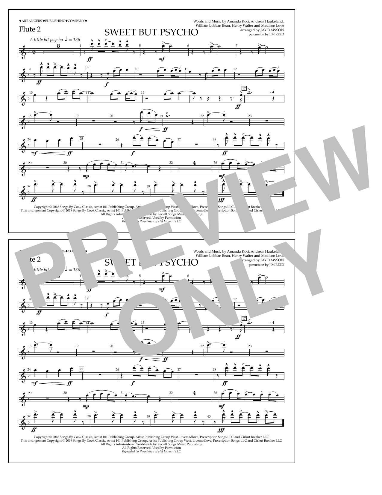 Ava Max Sweet But Psycho (arr. Jay Dawson) - Flute 2 Sheet Music Notes & Chords for Marching Band - Download or Print PDF