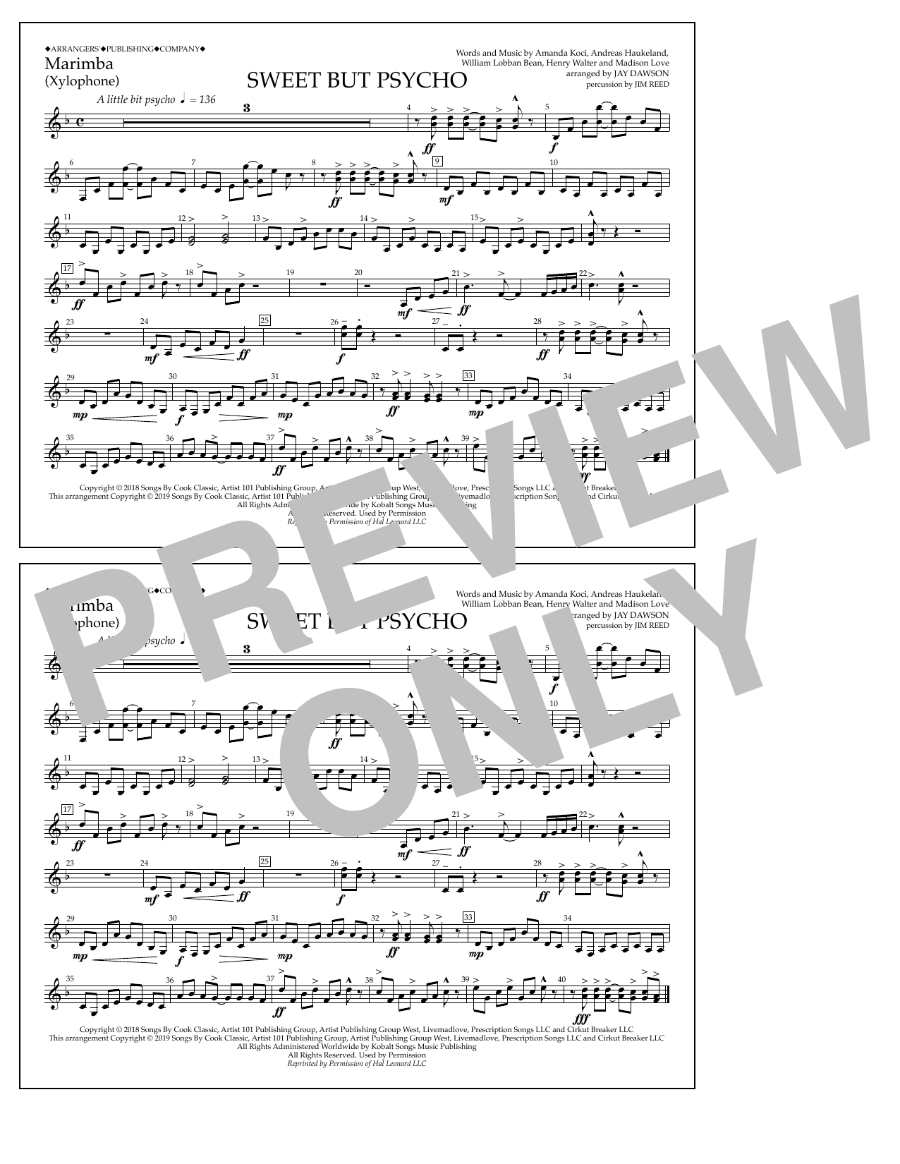 Ava Max Sweet But Psycho (arr. Jay Dawson) - Marimba Sheet Music Notes & Chords for Marching Band - Download or Print PDF