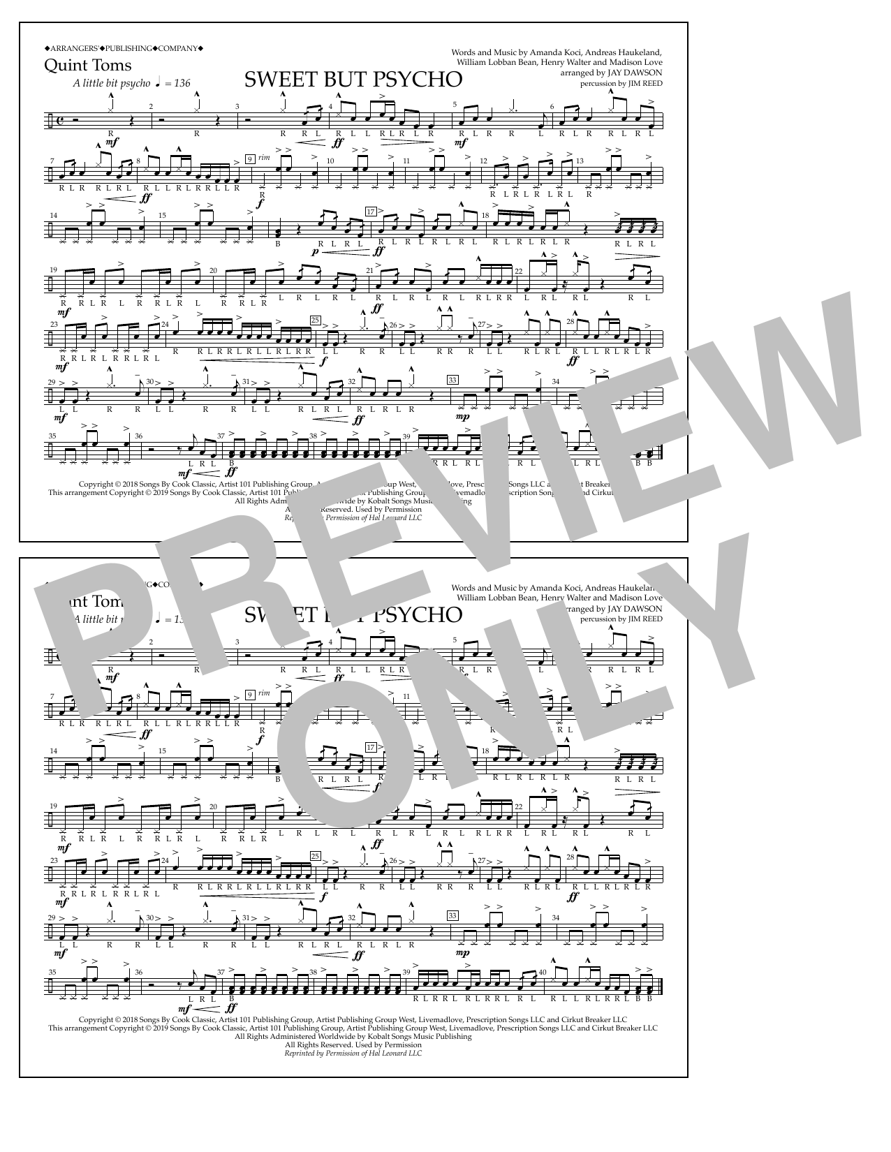 Ava Max Sweet But Psycho (arr. Jay Dawson) - Quint-Toms Sheet Music Notes & Chords for Marching Band - Download or Print PDF