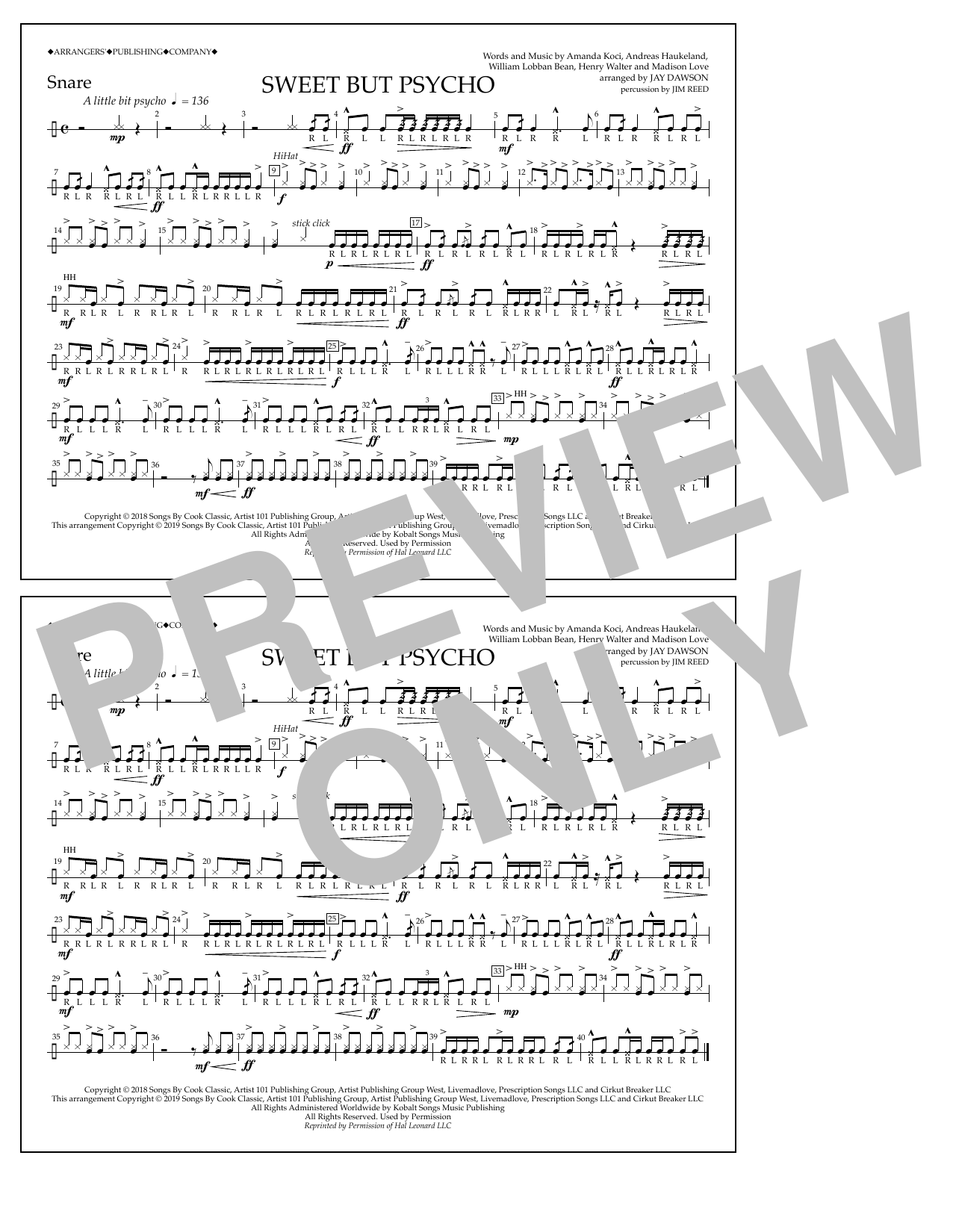 Ava Max Sweet But Psycho (arr. Jay Dawson) - Snare Sheet Music Notes & Chords for Marching Band - Download or Print PDF