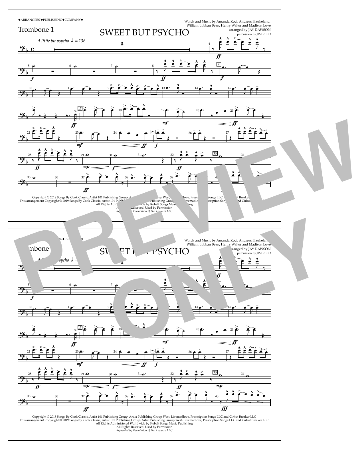 Ava Max Sweet But Psycho (arr. Jay Dawson) - Trombone 1 Sheet Music Notes & Chords for Marching Band - Download or Print PDF