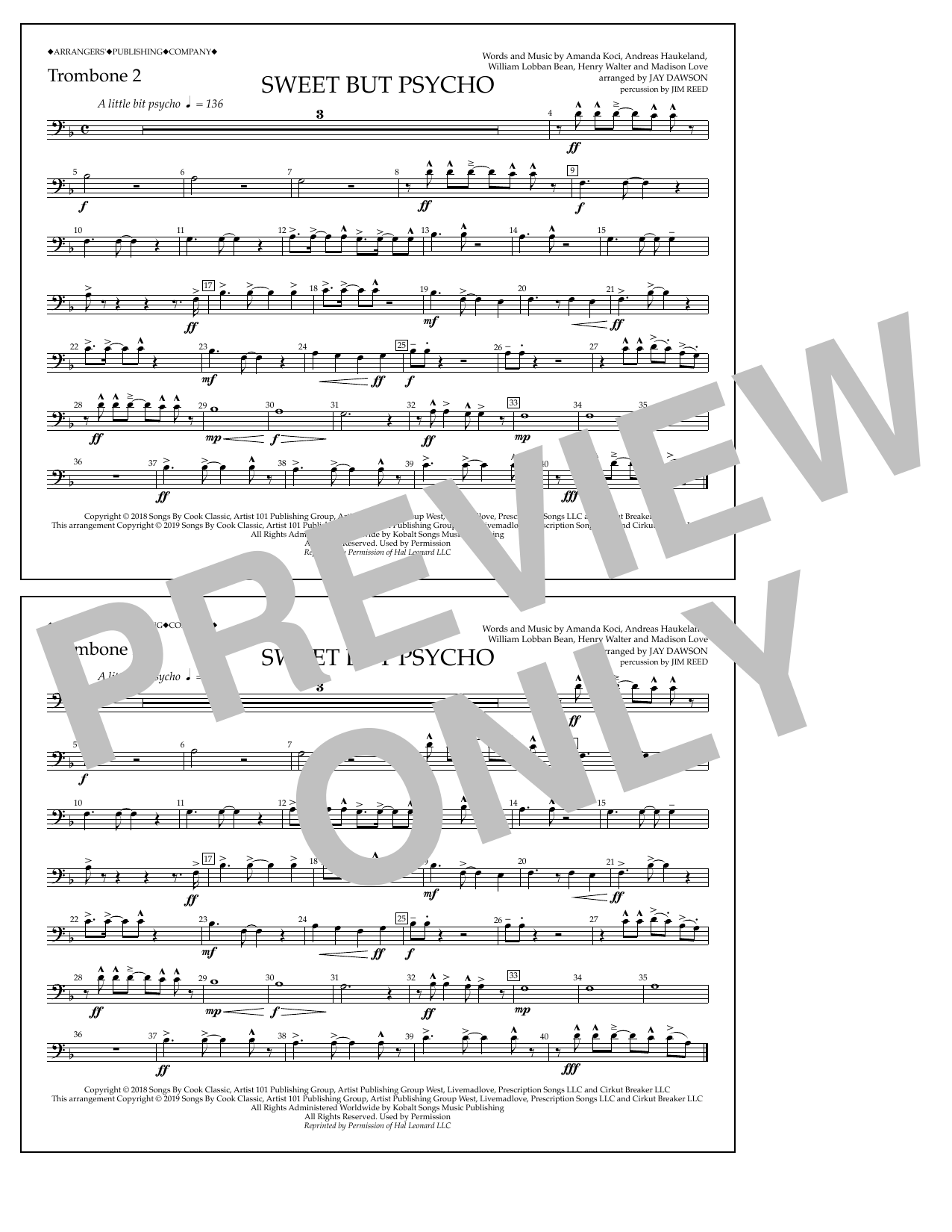 Ava Max Sweet But Psycho (arr. Jay Dawson) - Trombone 2 Sheet Music Notes & Chords for Marching Band - Download or Print PDF
