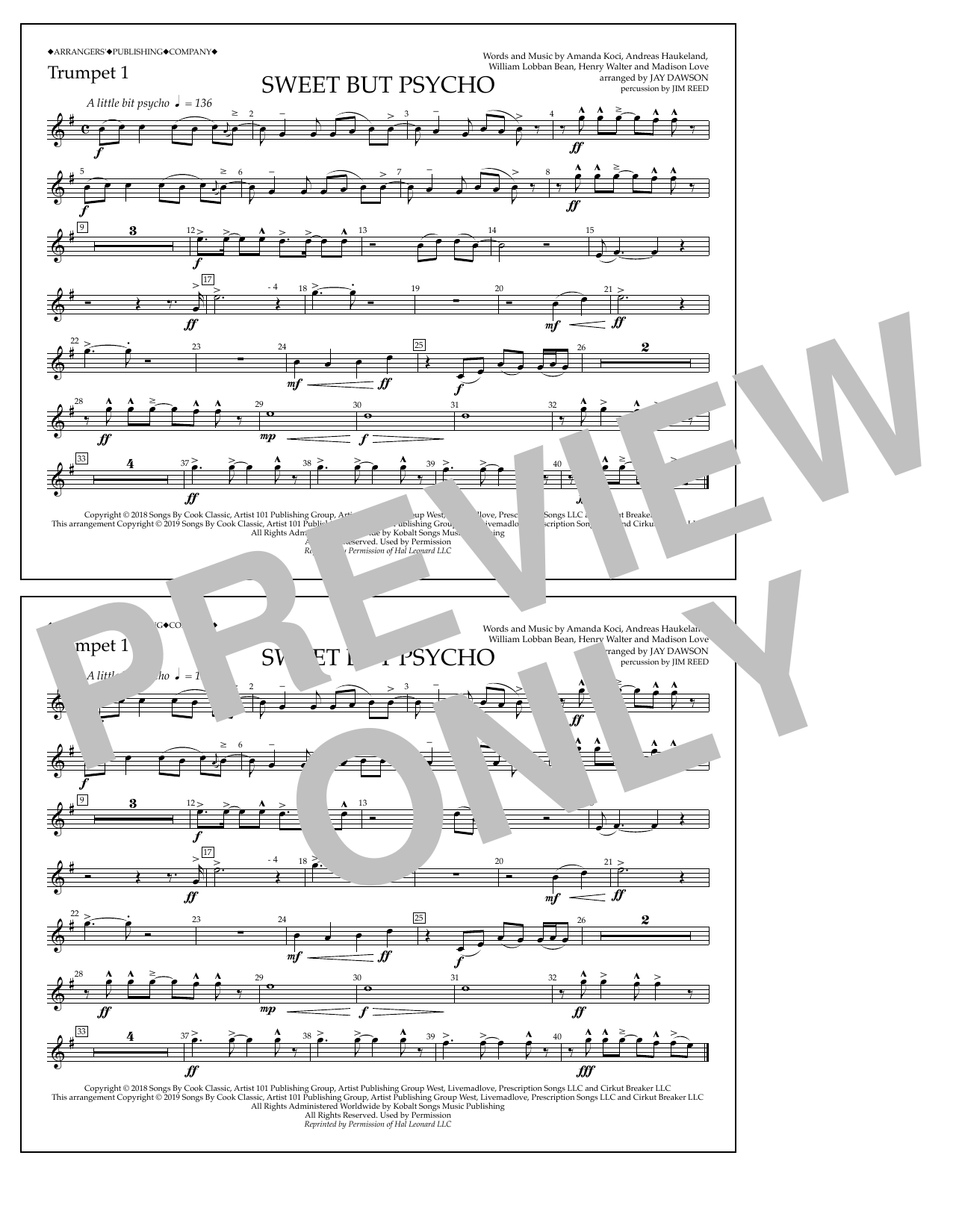 Ava Max Sweet But Psycho (arr. Jay Dawson) - Trumpet 1 Sheet Music Notes & Chords for Marching Band - Download or Print PDF