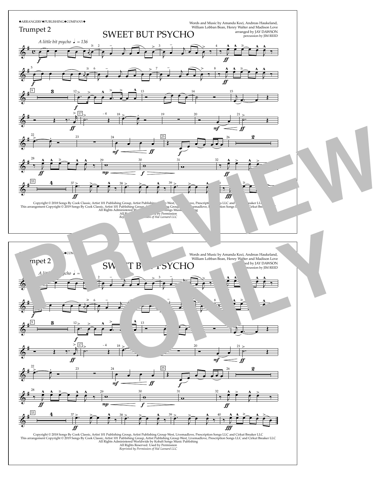 Ava Max Sweet But Psycho (arr. Jay Dawson) - Trumpet 2 Sheet Music Notes & Chords for Marching Band - Download or Print PDF