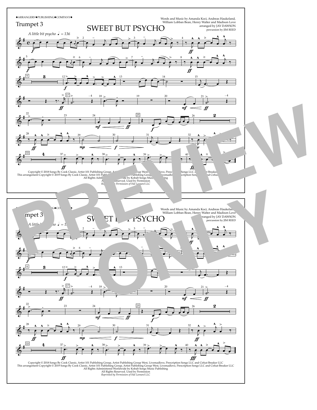 Ava Max Sweet But Psycho (arr. Jay Dawson) - Trumpet 3 Sheet Music Notes & Chords for Marching Band - Download or Print PDF