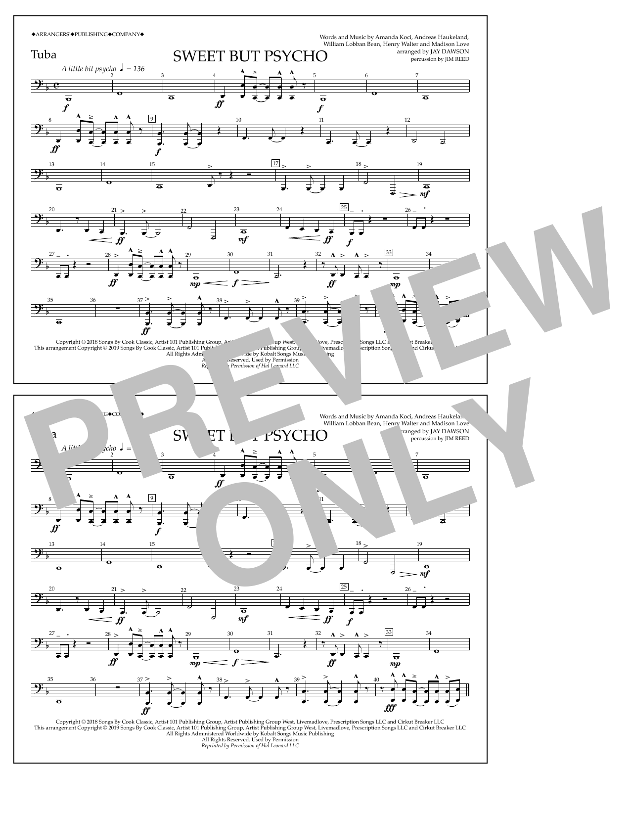 Ava Max Sweet But Psycho (arr. Jay Dawson) - Tuba Sheet Music Notes & Chords for Marching Band - Download or Print PDF