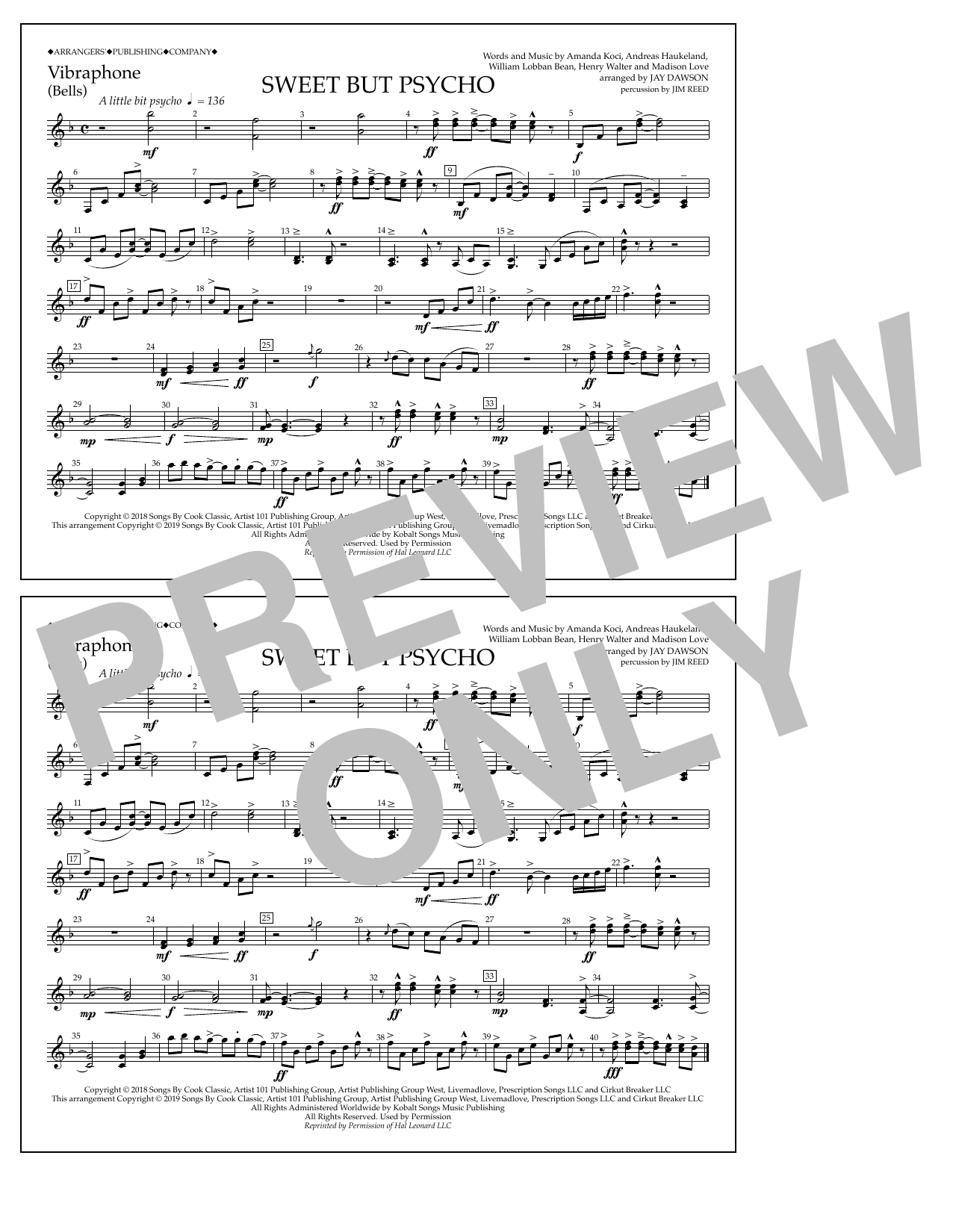Ava Max Sweet But Psycho (arr. Jay Dawson) - Vibraphone Sheet Music Notes & Chords for Marching Band - Download or Print PDF